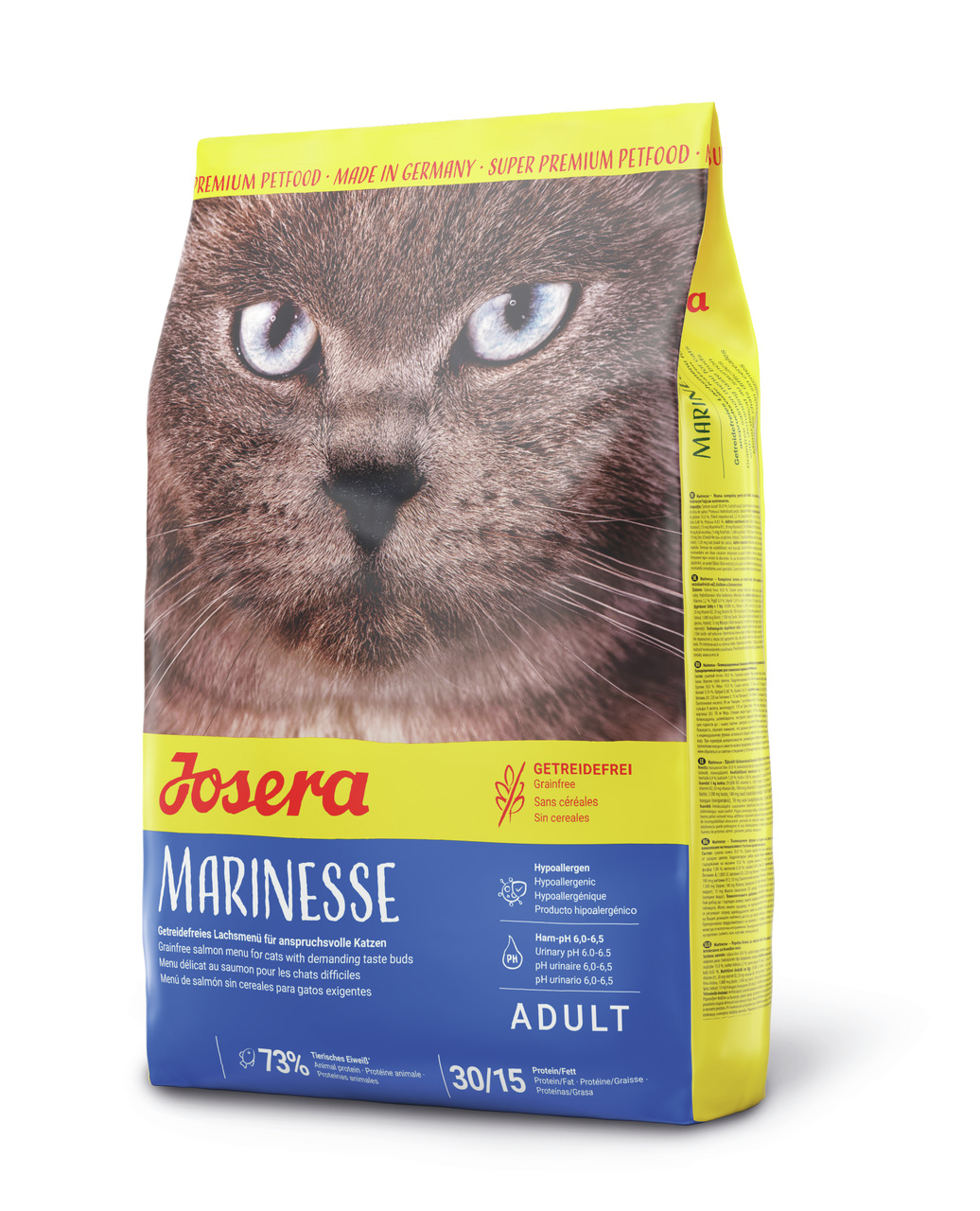 Josera Marinesse, Trockenfutter f. anspruchsvolle erw. Katzen, getreidefrei, Lachs, hypoallergen, 30 % Protein, 15 % Fett, 10 kg.