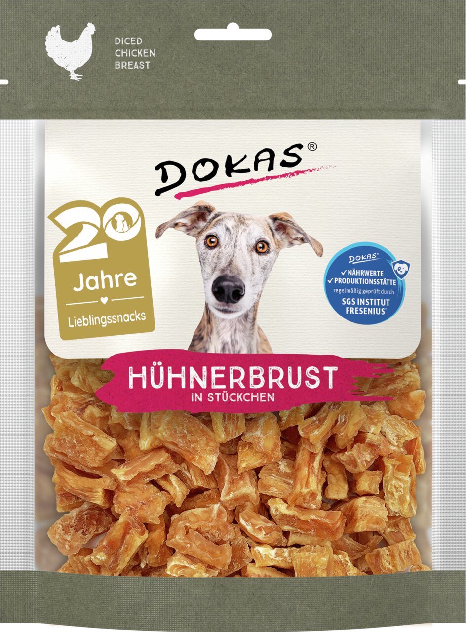 Getrocknete Hühnerbruststückchen von DOKAS für Hunde, Geschmacksrichtung Huhn, 70g, proteinreich, ideal als Belohnungssnack.