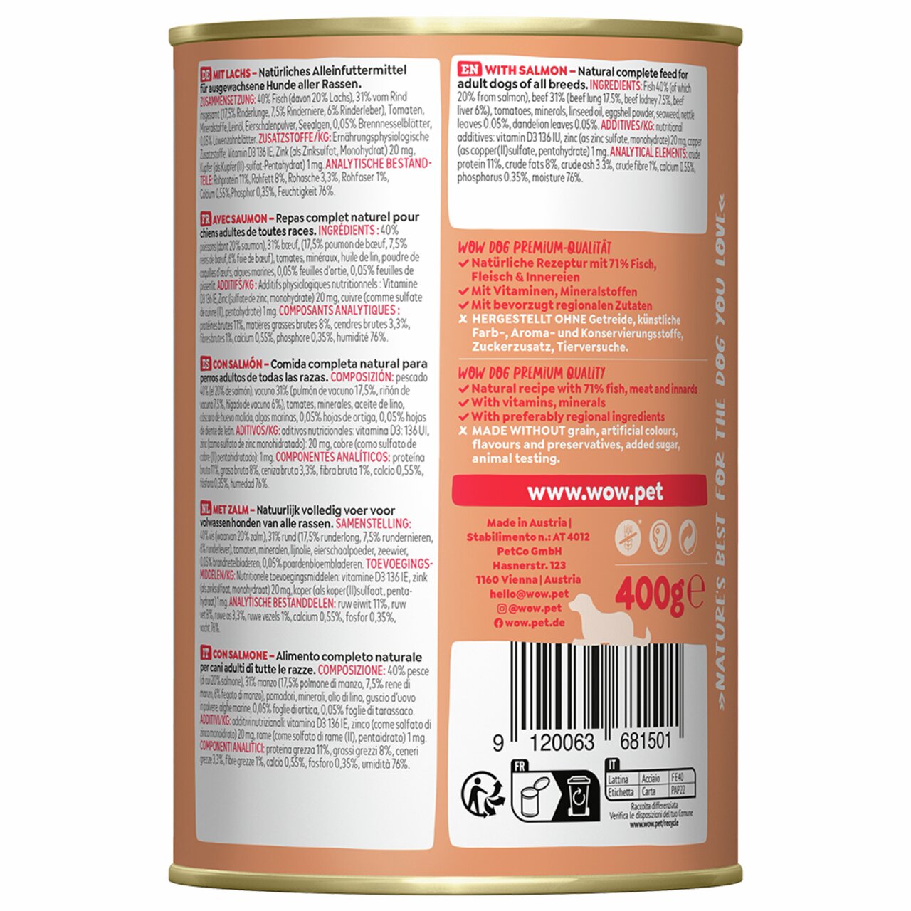 WOW DOG Nassfutter für alle Hunde mit Lachs, 400 g. Premium-Qualität, ohne Getreide, künstliche Zusatzstoffe, Zucker.