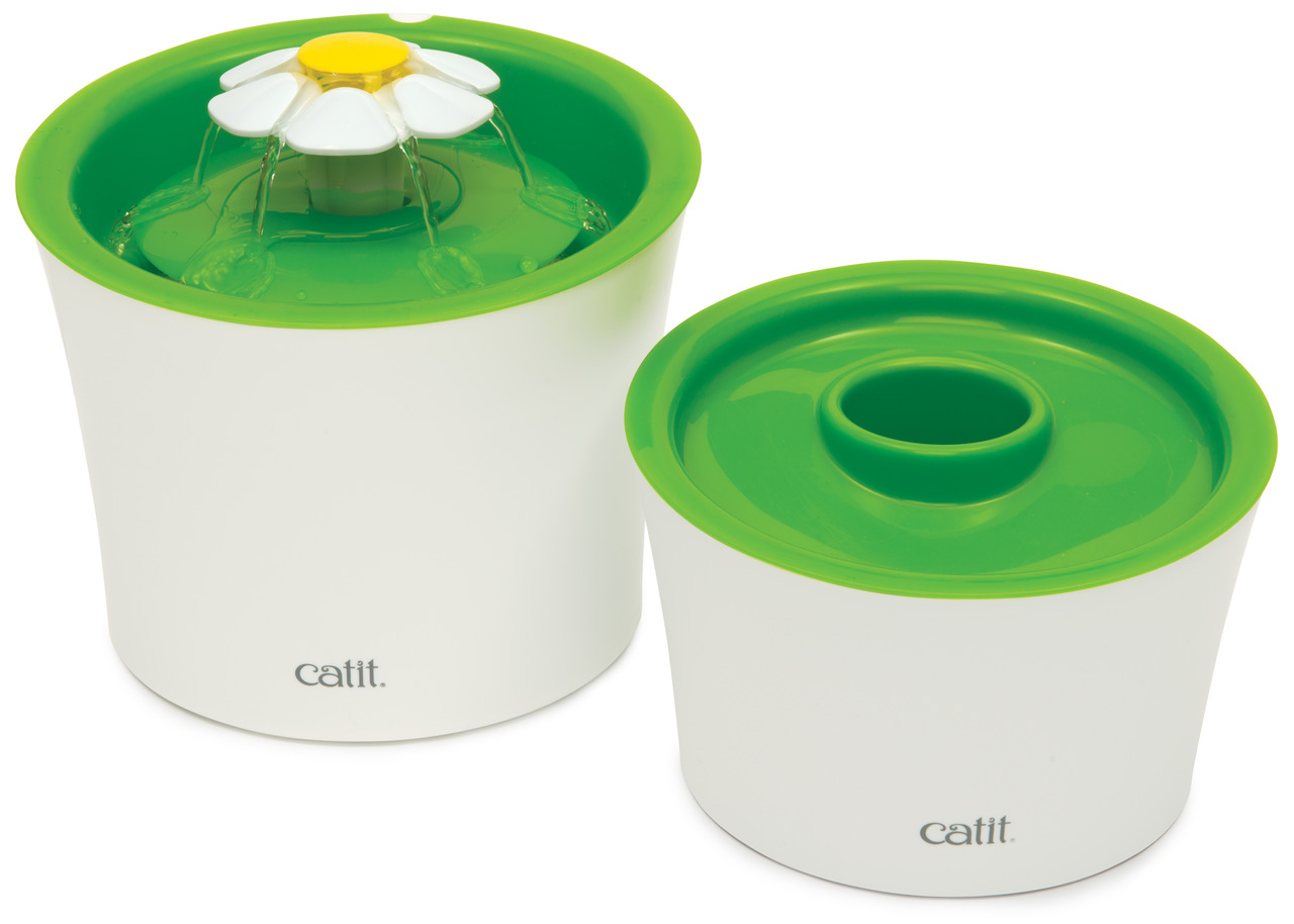 Catit Blumentrinkbrunnen, Trinkbrunnen f. Katzen, modernes Design, fördert Flüssigkeitsaufnahme, weiße Basis, grüner Deckel.