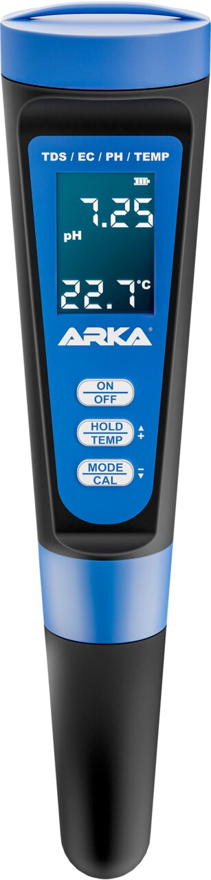 ARKA TDS-EC-pH-Temp Messgerät für Aquaristik, digitaler Wassertester für Aquarien, zeigt pH 7,25 und 22,7 °C an.