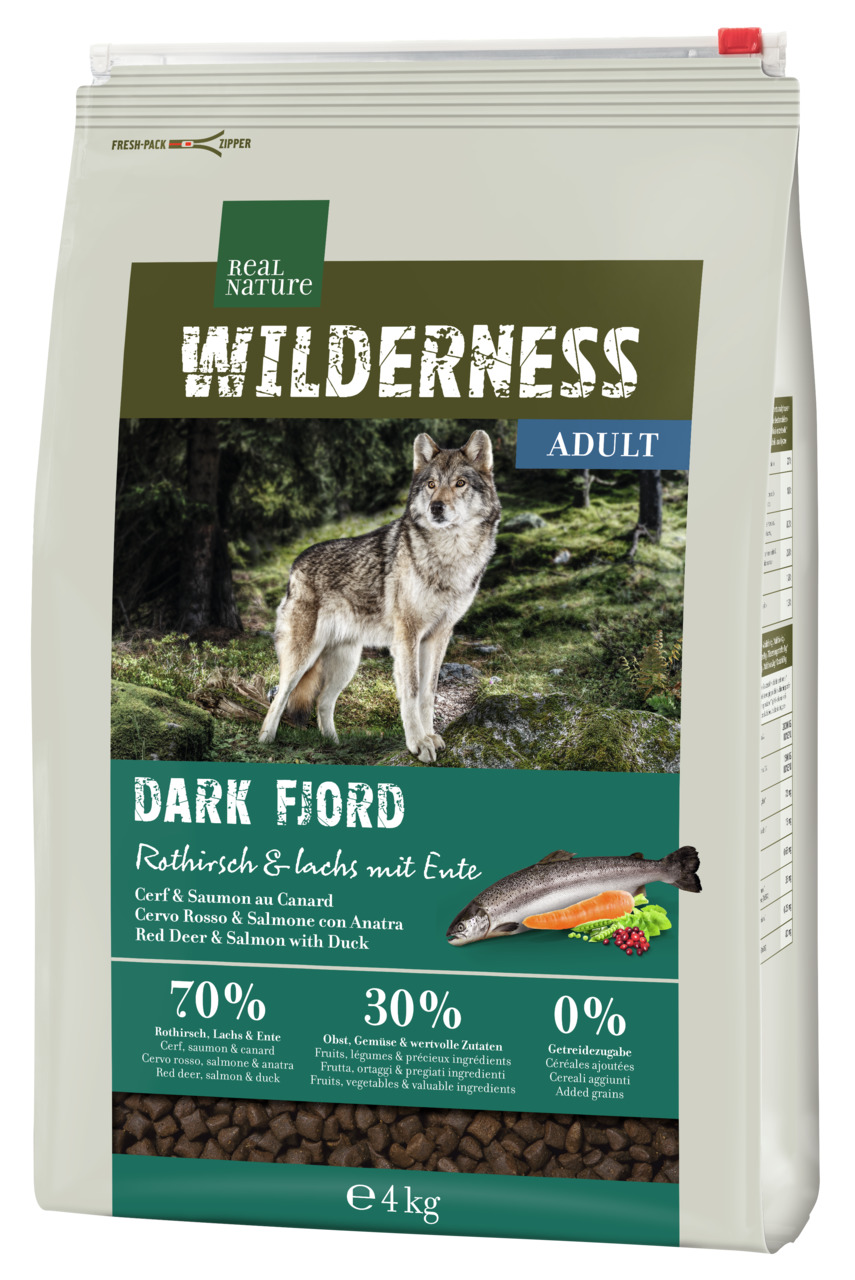 REAL NATURE WILDERNESS Dark Fjord, Hundefutter für erw. Hunde, Rothirsch-Lachs-Ente, 70 % tierisch, 0 % Getreide, 4 kg.