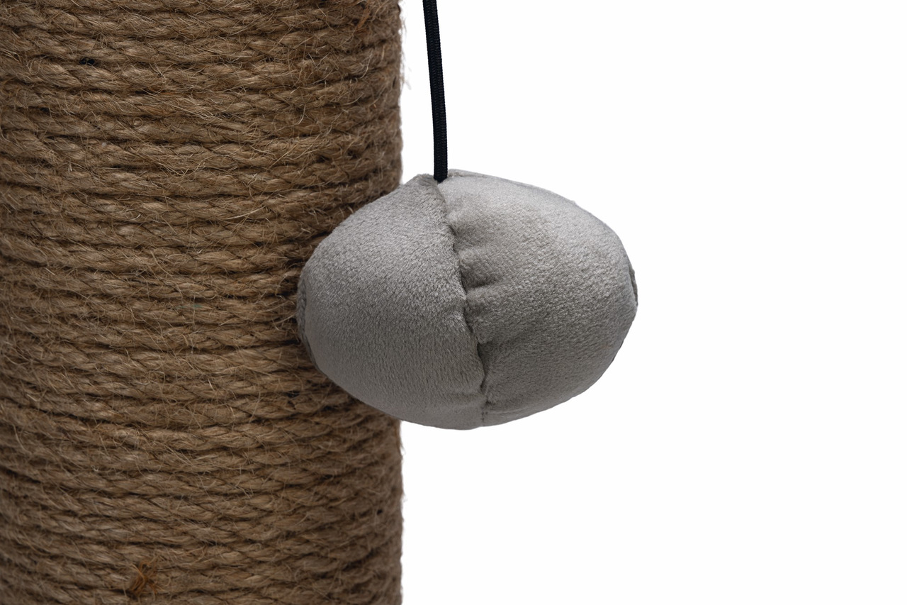 Kratzbaum "Designed by Lotte" für Katzen, mit hängendem grauem Stoffspielzeug, robustem Sisal, ideal zum Krallenwetzen.