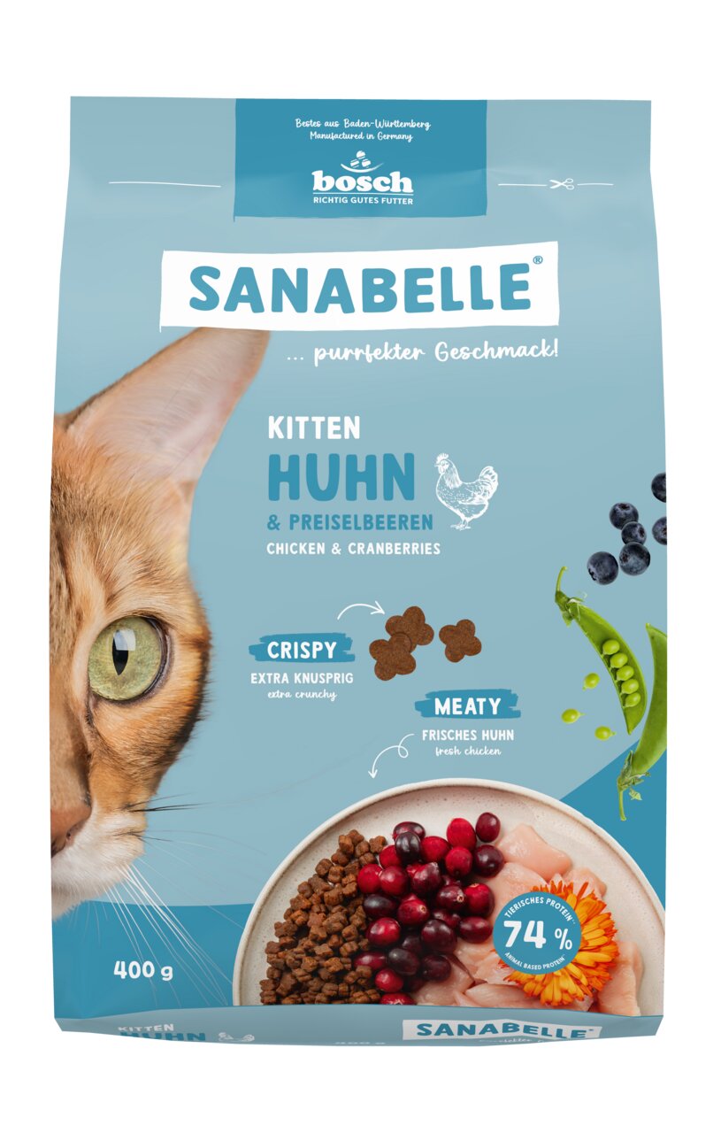Sanabelle Kitten Huhn & Preiselbeeren, Bosch, für Kätzchen, 74 % tierisches Protein, knusprig, 400 g.