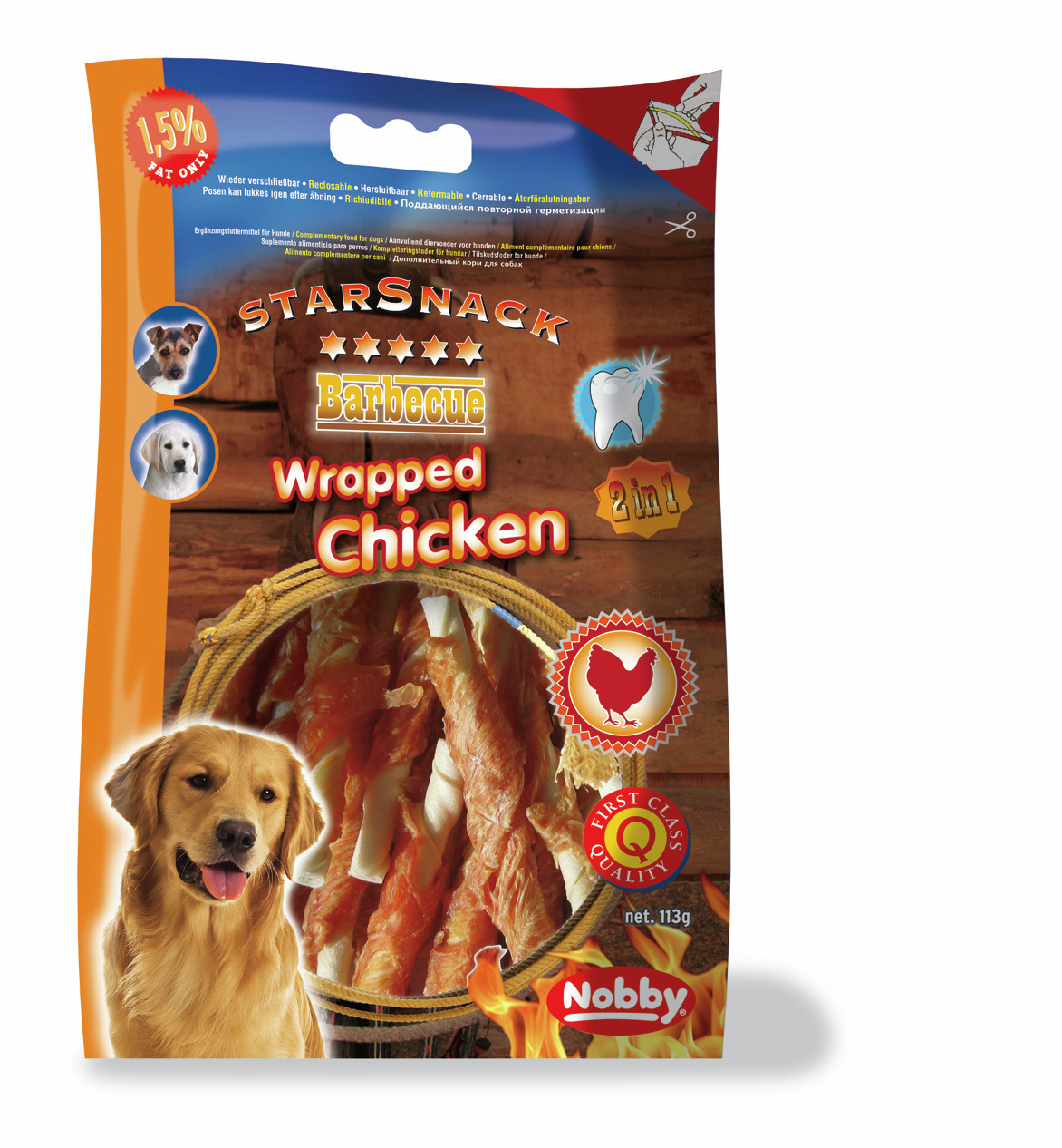 Nobby StarSnack Barbecue Wrapped Chicken, Hundesnack, Huhn, 113 g, 1,5 % Fett, 2 in 1: Zahnpflege & Genuss.