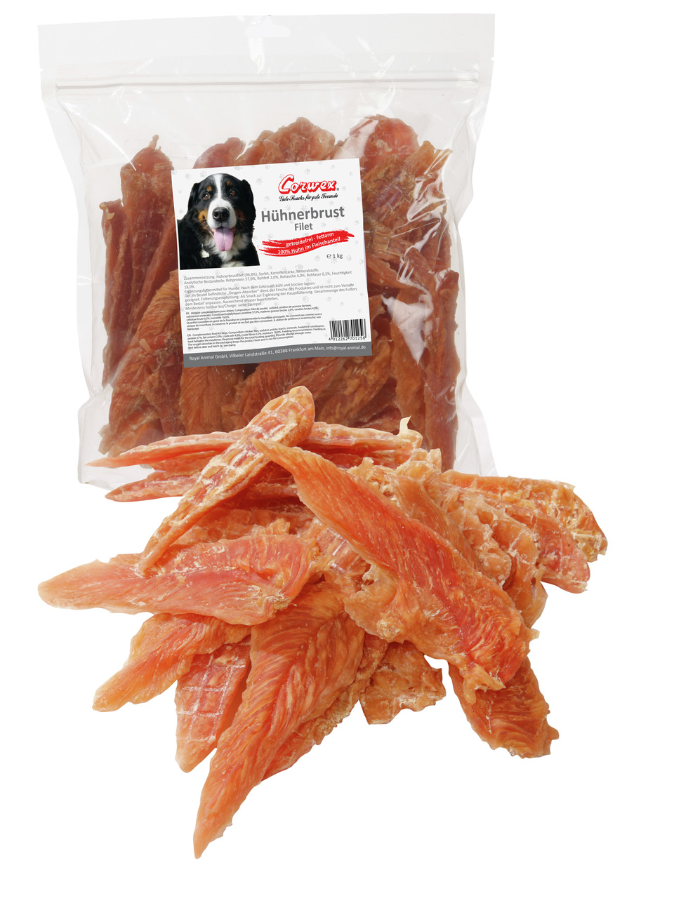 Corwex Hühnerbrustfilets für Hunde, 1 kg, 100 % Huhn in Filetqualität, natürl. Snack für Hundehalter, Geschmacksrichtung Huhn.