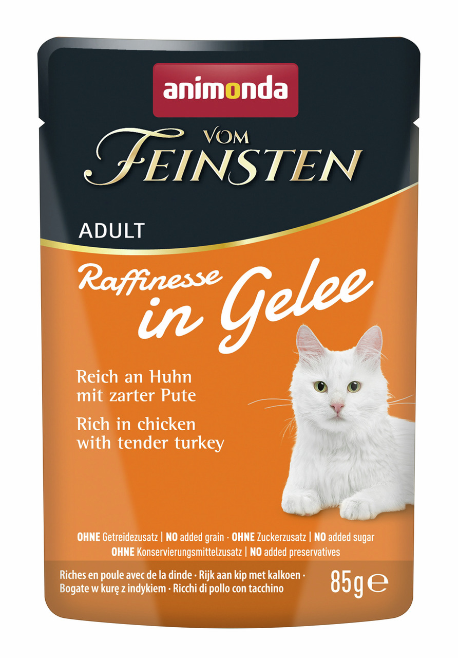 Animonda Vom Feinsten Adult, Katzenfutter, Huhn & Pute in Gelee, 85 g, ohne Getreide, Zucker & Konservierungsstoffe, für ausgew. Katzen.