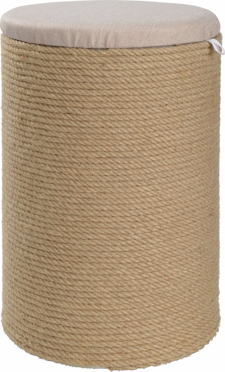 Hocker mit Seilbezug und gepolsterter Sitzfläche in Beige. Runde Form, natürliche Optik, dekorativ und funktional.