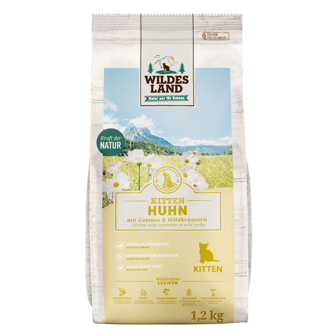 Wildes Land Kitten Huhn, 1,2 kg, für Kätzchen, getreidefrei, hoher Fleischanteil, hohe Akzeptanz, mit Gemüse & Wildkräutern.
