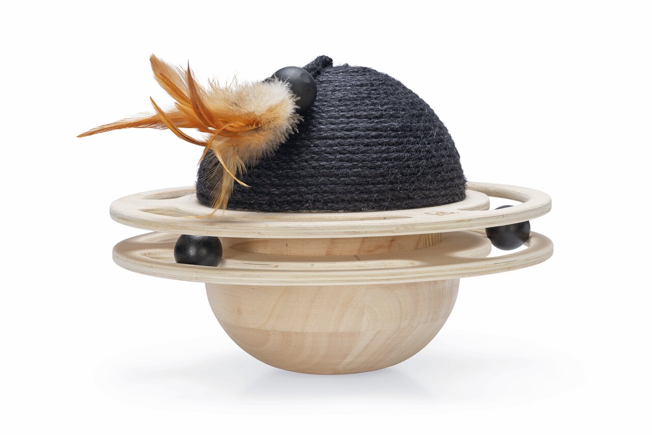 Katzenspielzeug „Designed by Lotte Cat Toy Planet“ für Katzen: Holzbasis, 2 Ringe mit Kugeln, Feder, Seil