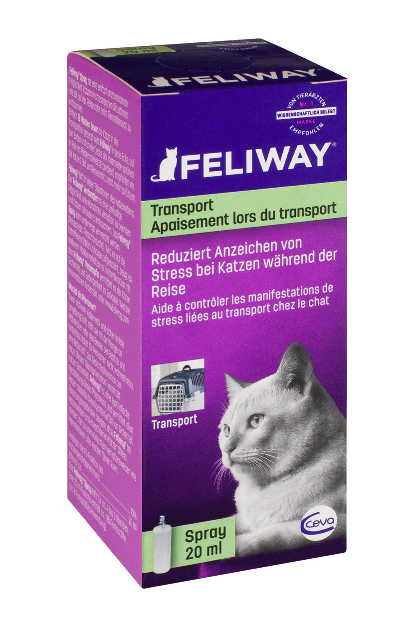 Feliway Transport Spray, 20 ml, für Katzen, reduziert Stress beim Transport, lila-grüne Verpackung mit Katze & Transportkäfig-Symbol.