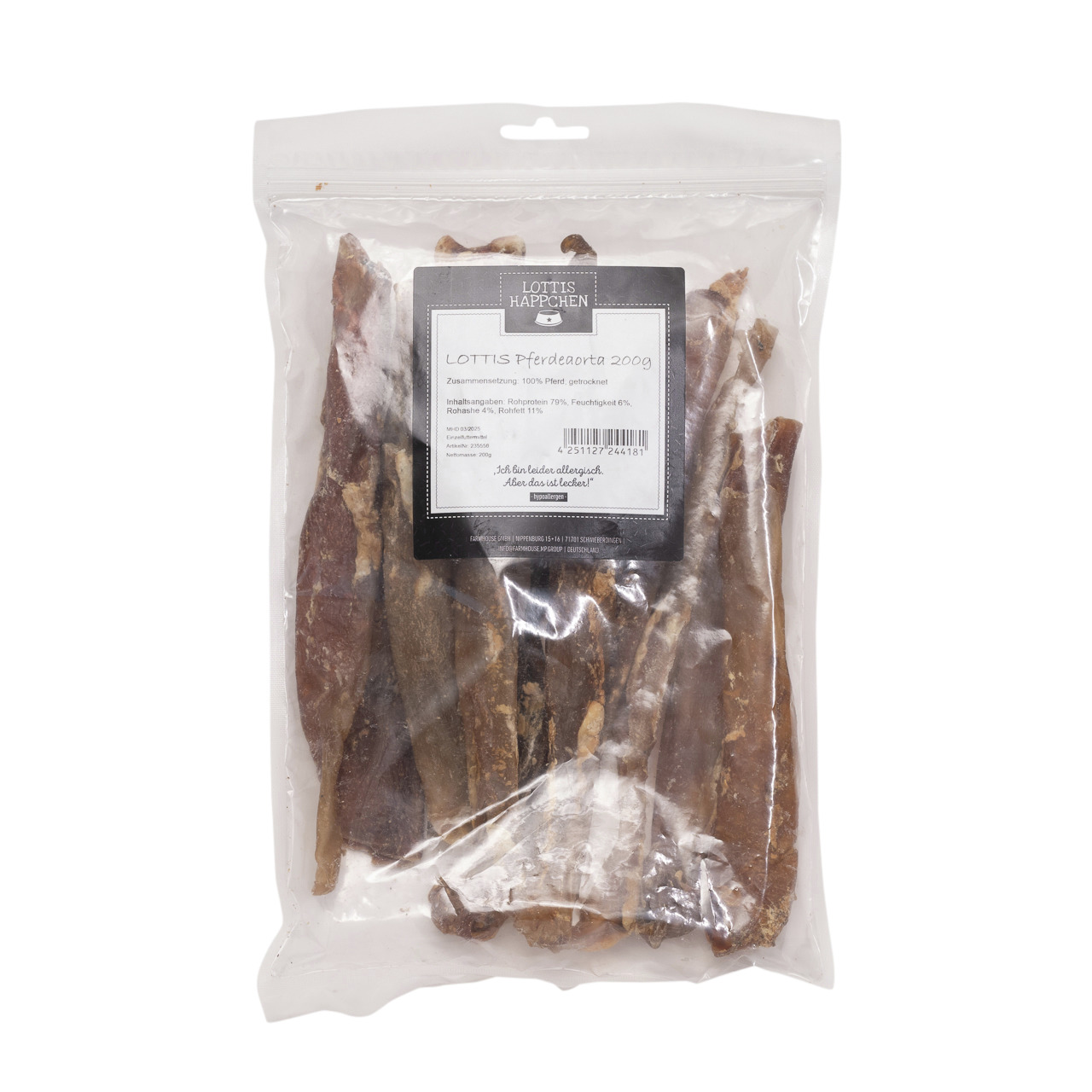 Das Bild zeigt eine transparente Verpackung des Produkts „LOTTIS HÄPPCHEN Pferdeaorta“ der Marke LOTTIS HÄPPCHEN. Es handelt sich um einen Hundesnack aus 100 % Pferd, schonend getrocknet. Die Verpackung enthält 200 g und ist speziell für Hunde geeignet. I