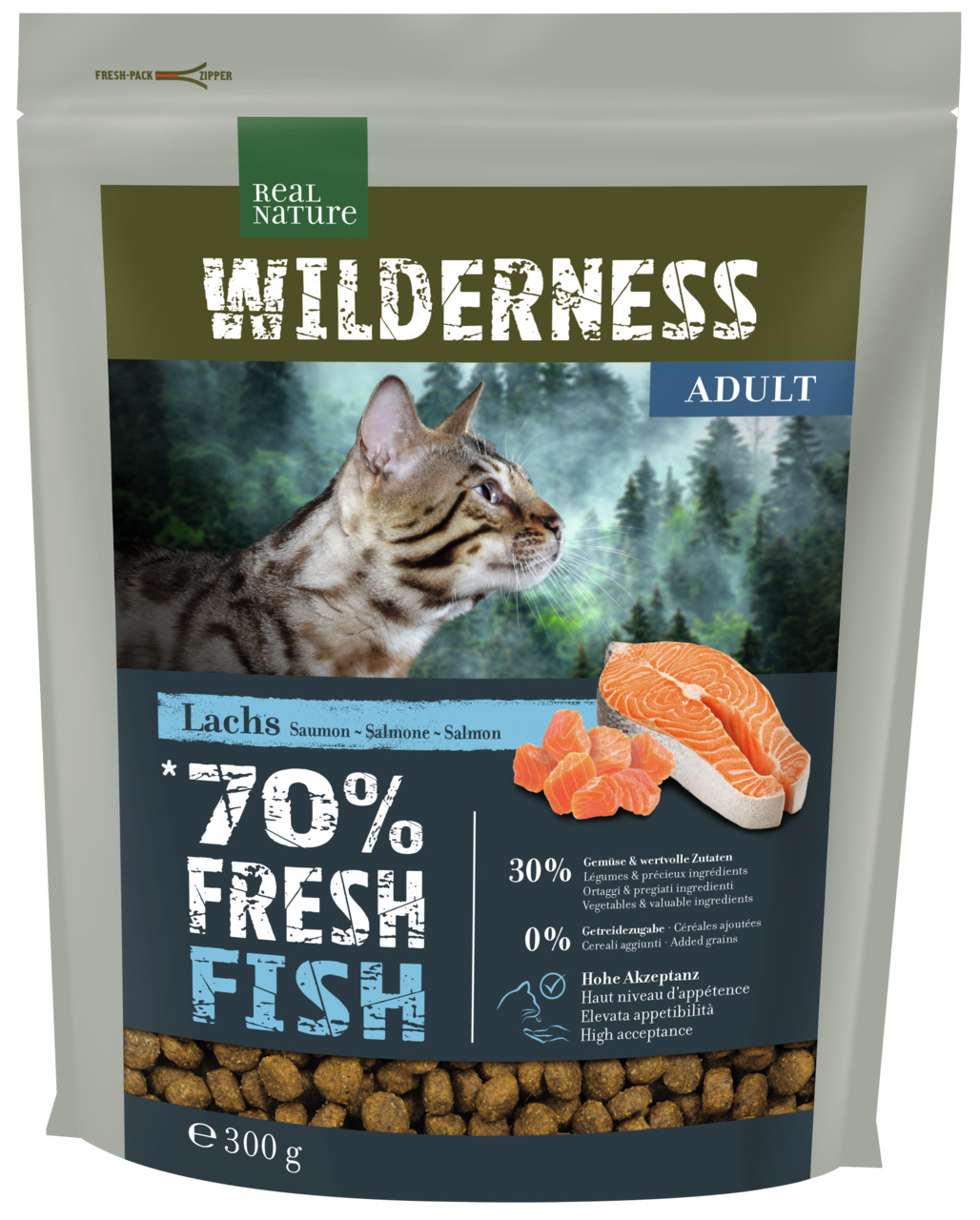 REAL NATURE WILDERNESS Adult, Katzen, Lachs, 70 % Fisch, 30 % Gemüse, 0 % Getreide, 300 g.