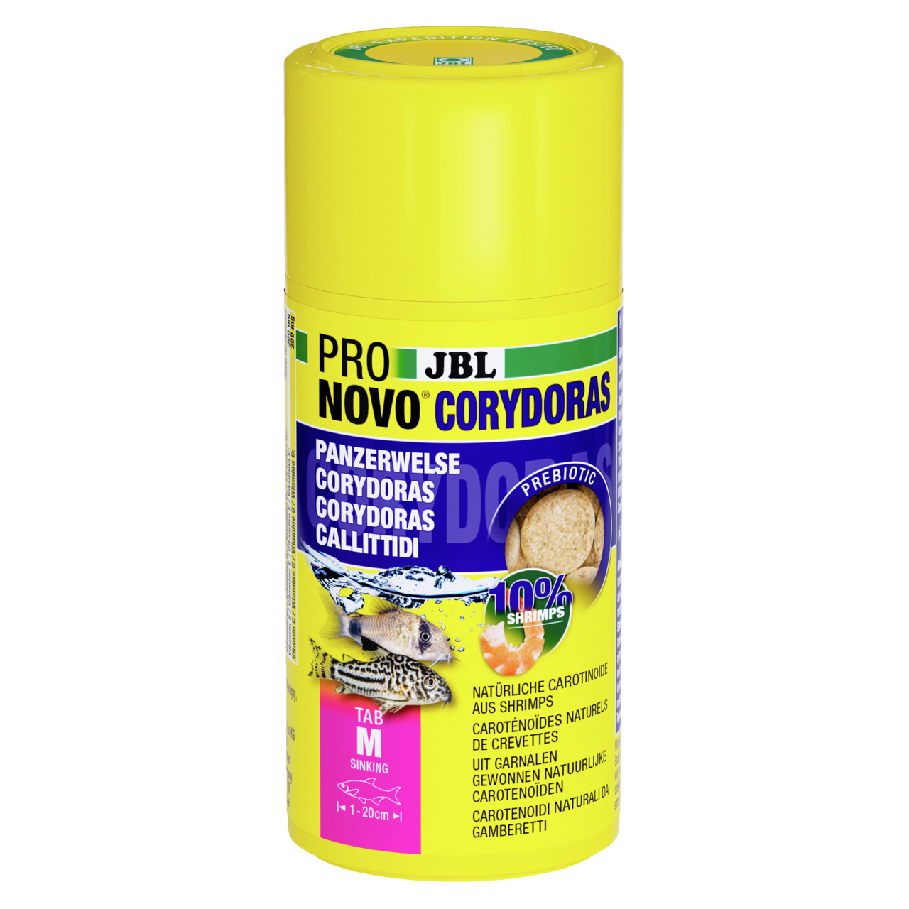 Das Bild zeigt eine gelbe Dose des Produkts „JBL Pro Novo Corydoras“, ein spezielles Fischfutter für Panzerwelse. Die Zielgruppe sind Aquarienbesitzer mit Corydoras-Fischen. Das Futter enthält 10 % Garnelen und natürliche Carotinoide. Die Verpackung weist