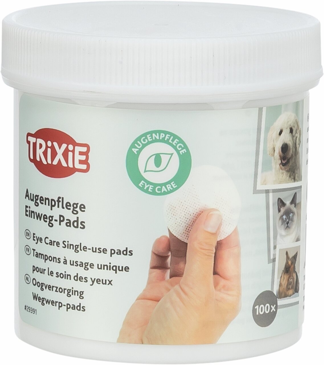 TRIXIE Augenpflege Einweg-Pads für Hunde und Katzen, sanfte Augenreinigung, 100 Stück in einer weißen Kunststoffdose.