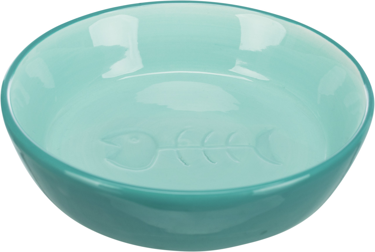 TRIXIE Keramik-Futternapf für Katzen, türkis, mit Fischgräten-Motiv, für Trocken-/Nassfutter, 0,3 L, robust & leicht zu reinigen.