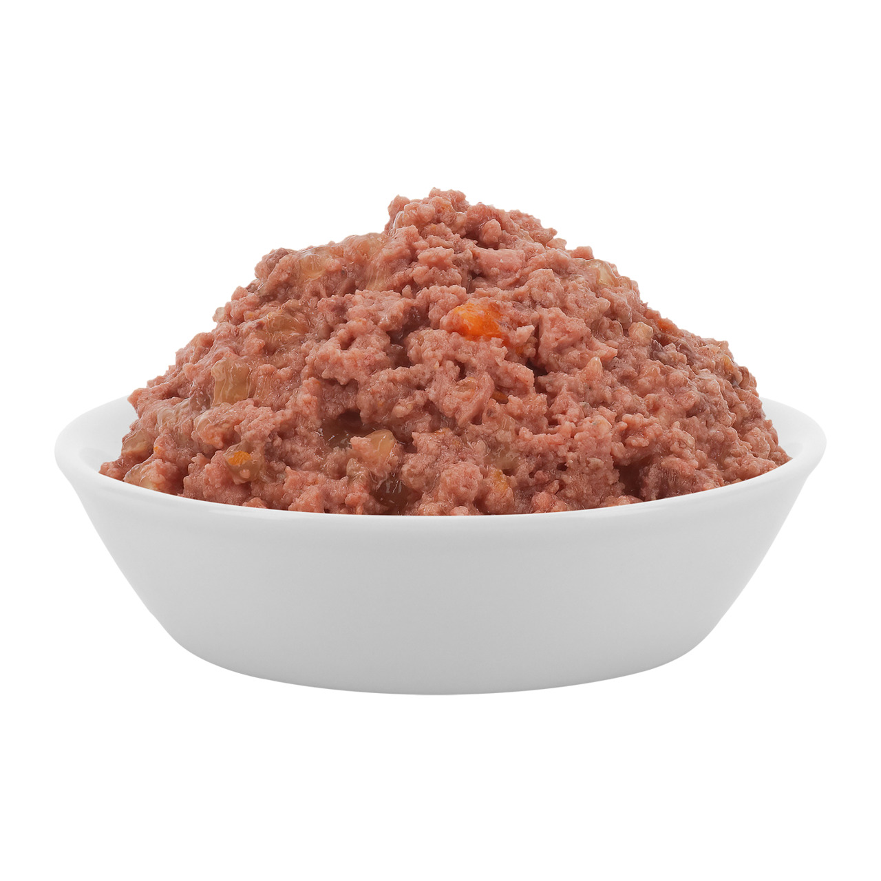 Das Bild zeigt eine weiße Schale, gefüllt mit Lucky Lou Nassfutter für Hunde. Die Marke Lucky Lou bietet hochwertiges Hundefutter, hier in der Geschmacksrichtung Rind mit Gemüse. Das Futter ist speziell für ausgewachsene Hunde geeignet und enthält saftige