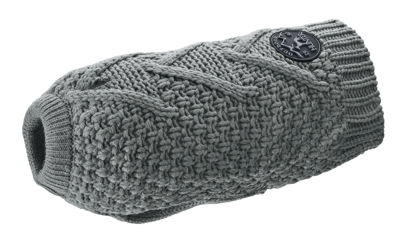 Grauer Hundepullover der Marke HUNTER, Modell Malmö, aus weichem Strickmaterial mit Zopfmuster. Geeignet für kleine bis mittelgroße Hunde, bietet er Wärme und Komfort an kalten Tagen. Der Pullover hat ein elastisches Design für eine optimale Passform und 