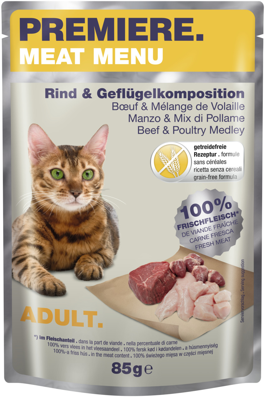 Das Bild zeigt eine Verpackung des Katzenfutters „PREMIERE MEAT MENU“ in der Geschmacksrichtung Rind & Geflügelkomposition. Es handelt sich um ein getreidefreies Nassfutter für ausgewachsene Katzen (Adult) mit 100 % Frischfleischanteil im Fleischanteil. D