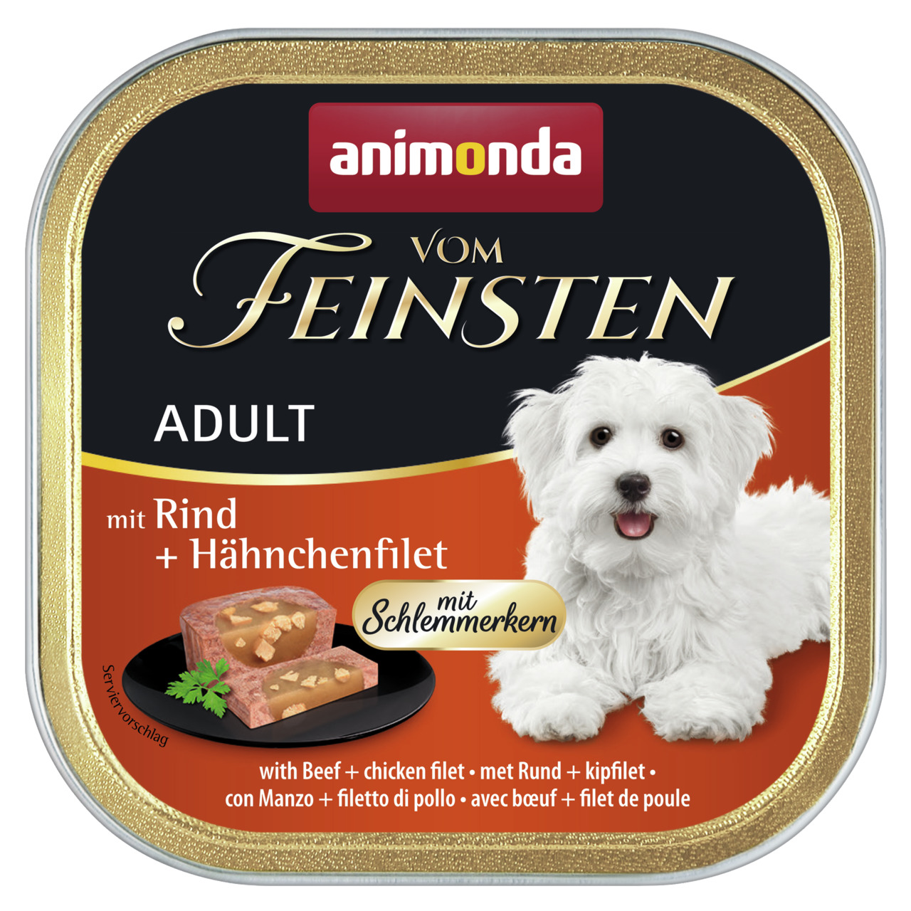 Das Bild zeigt eine quadratische Schale des Hundefutters „animonda Vom Feinsten Adult“ für ausgewachsene Hunde. Die Geschmacksrichtung ist Rind und Hähnchenfilet mit Schlemmerkern. Auf der Verpackung ist ein weißer Hund abgebildet, daneben eine Servieremp