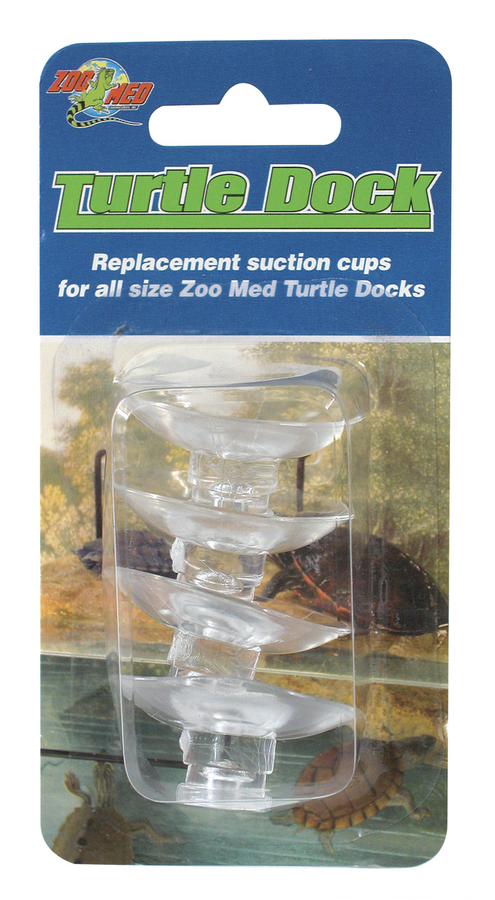 Das Bild zeigt das Produkt „Zoo Med Turtle Dock Ersatz-Saugnäpfe“, geeignet für alle Größen der Zoo Med Turtle Docks. Zielgruppe sind Besitzer von Wasserschildkröten. Die Verpackung enthält vier transparente Saugnäpfe, die eine sichere Befestigung der Sch