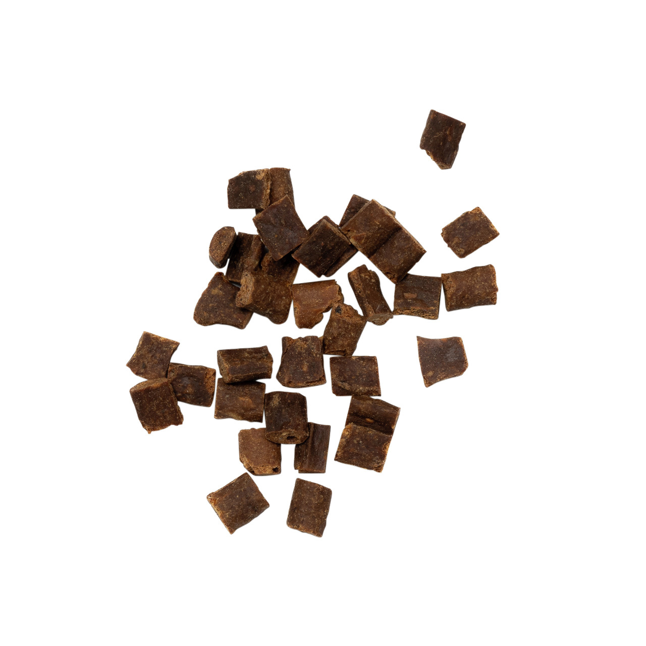 Das Bild zeigt LOTTIS HÄPPCHEN Hundesnacks, geeignet für Hunde als Belohnung oder Snack zwischendurch. Die kleinen, würfelförmigen Leckerli sind dunkelbraun und scheinen aus natürlichen Zutaten hergestellt zu sein. Sie sind ideal für alle Hunderassen und 