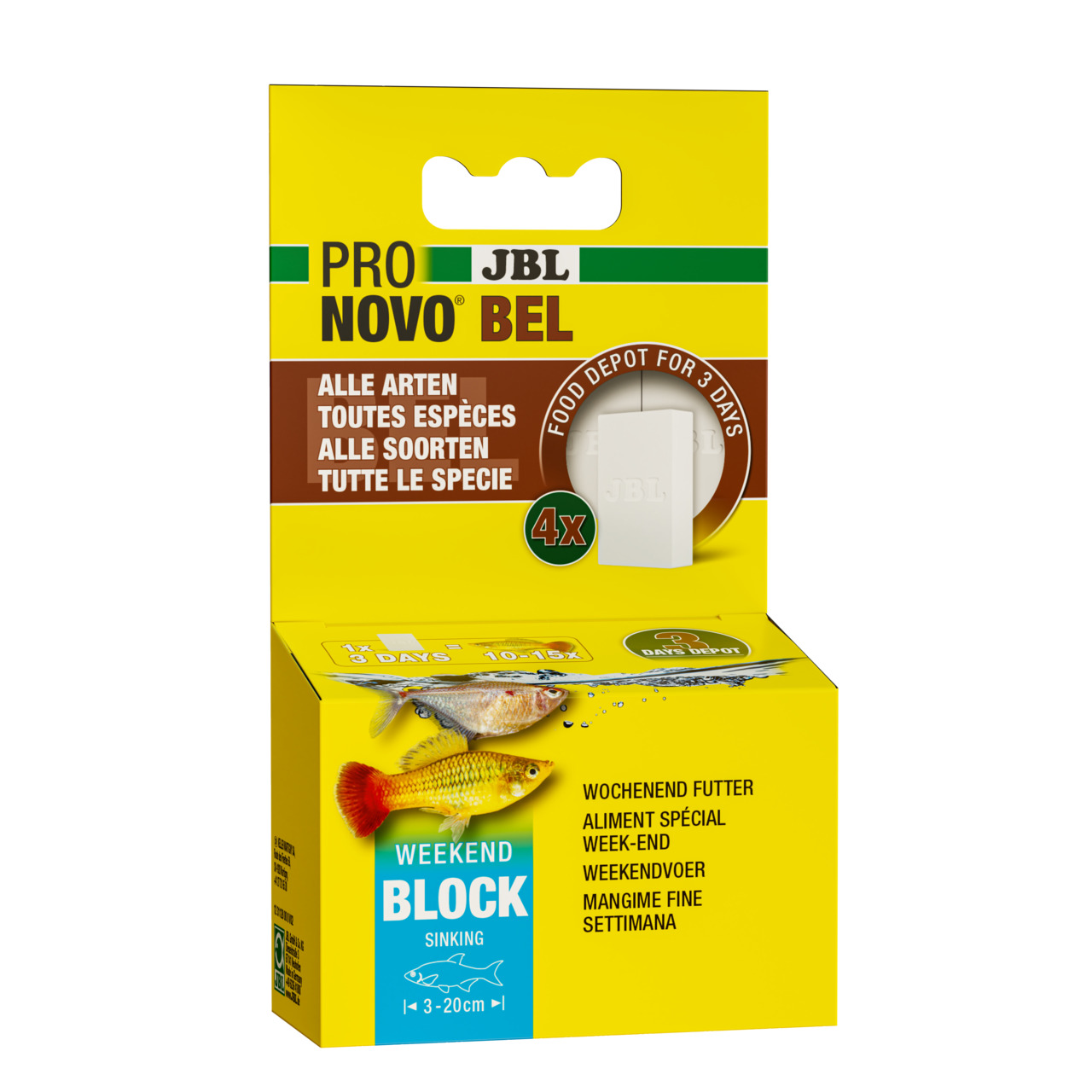 Das Bild zeigt das Produkt "JBL ProNovo Bel Weekend Block", ein spezielles Fischfutter für Aquarienfische aller Arten. Es handelt sich um sinkende Futterblöcke, die für eine Versorgung von bis zu 3 Tagen ausgelegt sind. Die Verpackung enthält 4 Blöcke und