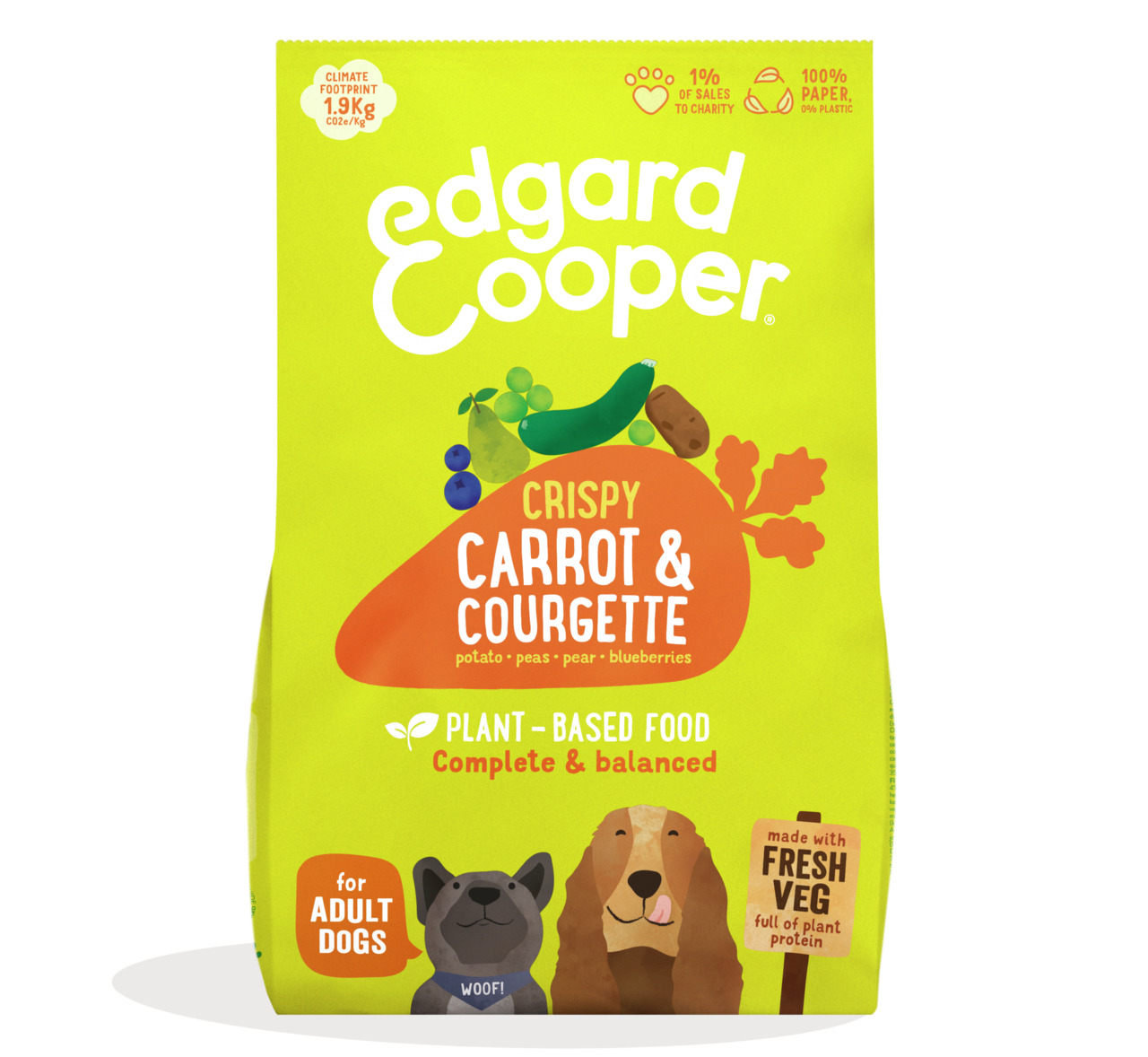 Edgard & Cooper Crispy Carrot & Courgette, für ausgew. Hunde, pflanzl. Rezeptur, 1,9 kg, plastikfreie Papierverpackung.