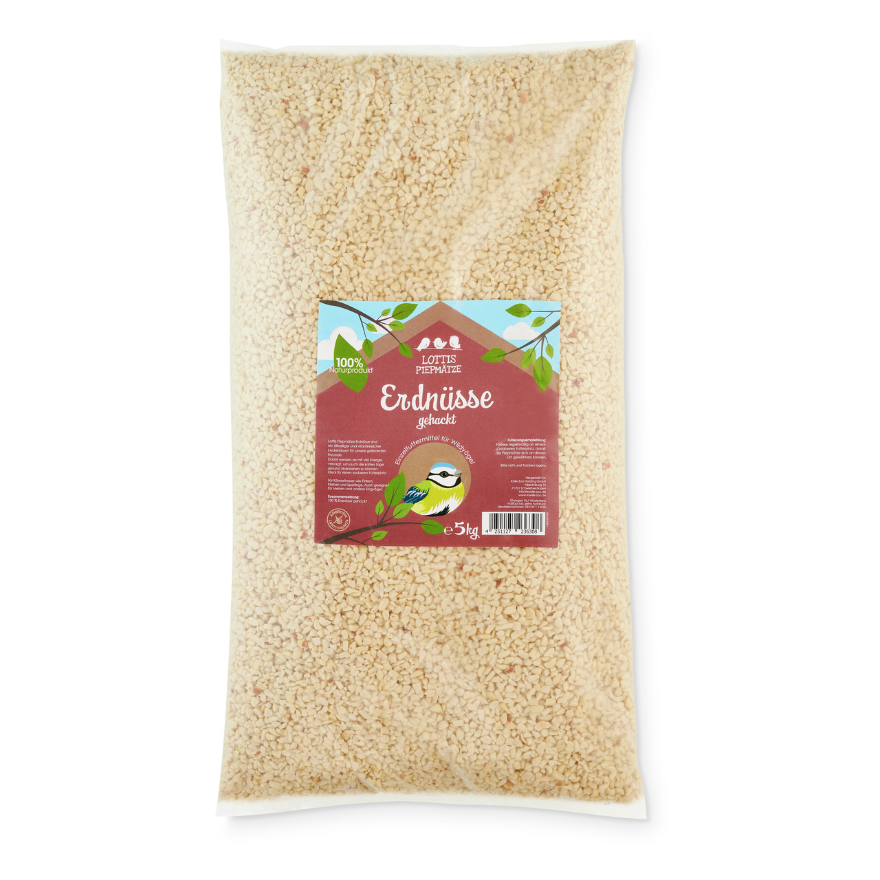 Lottis Piepmätze, 5 kg gehackte Erdnüsse, für Wildvögel, 100% natürlich, mit Vogelmotiv auf Etikett.