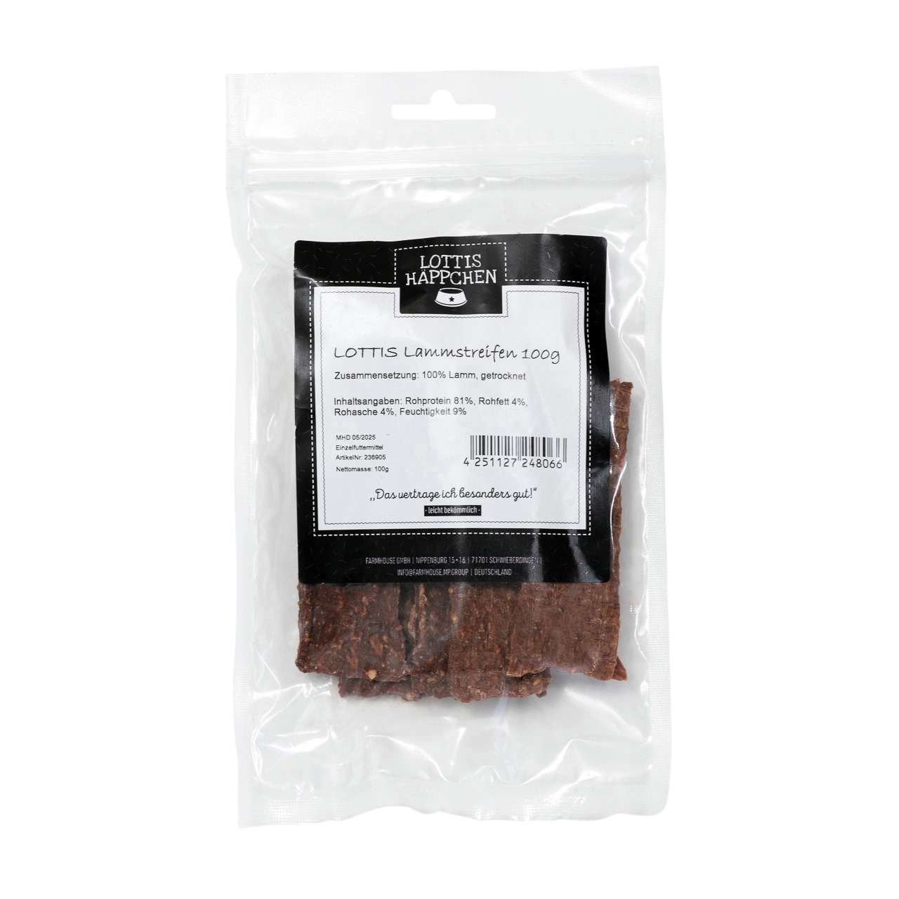 LOTTIS HÄPPCHEN Lammstreifen 100g, Trockenfutter für Hunde, 100 % Lamm, Rohprotein 81 %, Rohfett 4 %, Feuchtigkeit 9 %.