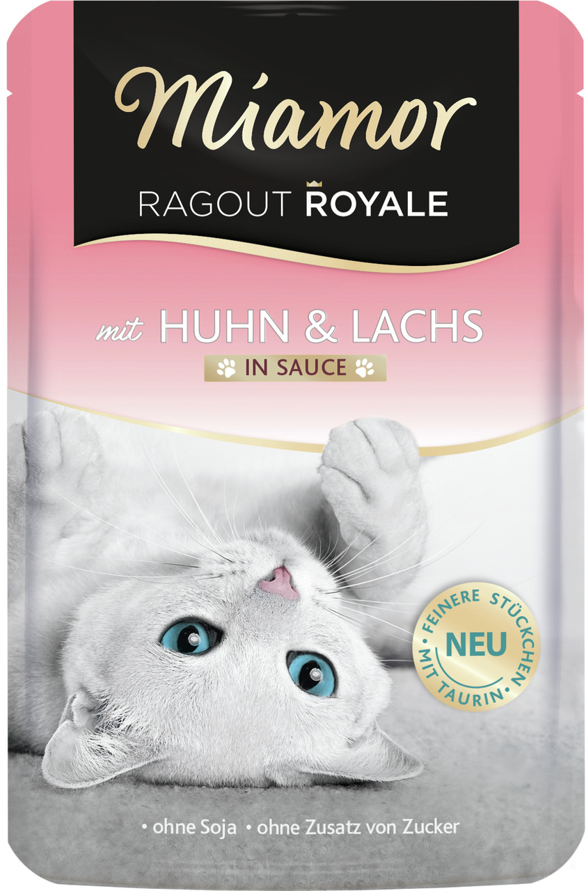 Miamor Ragout Royale Katzenfutter Huhn & Lachs in Sauce, ohne Soja-Zucker, mit Taurin, Einzelportion, für Katzen.