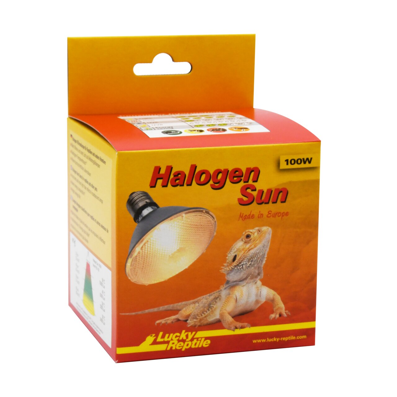 Lucky Reptile Halogen Sun, 100W für Terrarientiere zur Wärme- und Lichtversorgung, europäische Herstellung, gelbe Verpackung.
