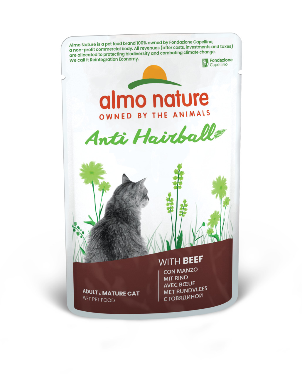 Almo Nature Anti Hairball, Rind, für erwachsene Katzen, Haarballenreduzierung, Nassfutter, graue Katze, grüne Wiese, Verpackung.
