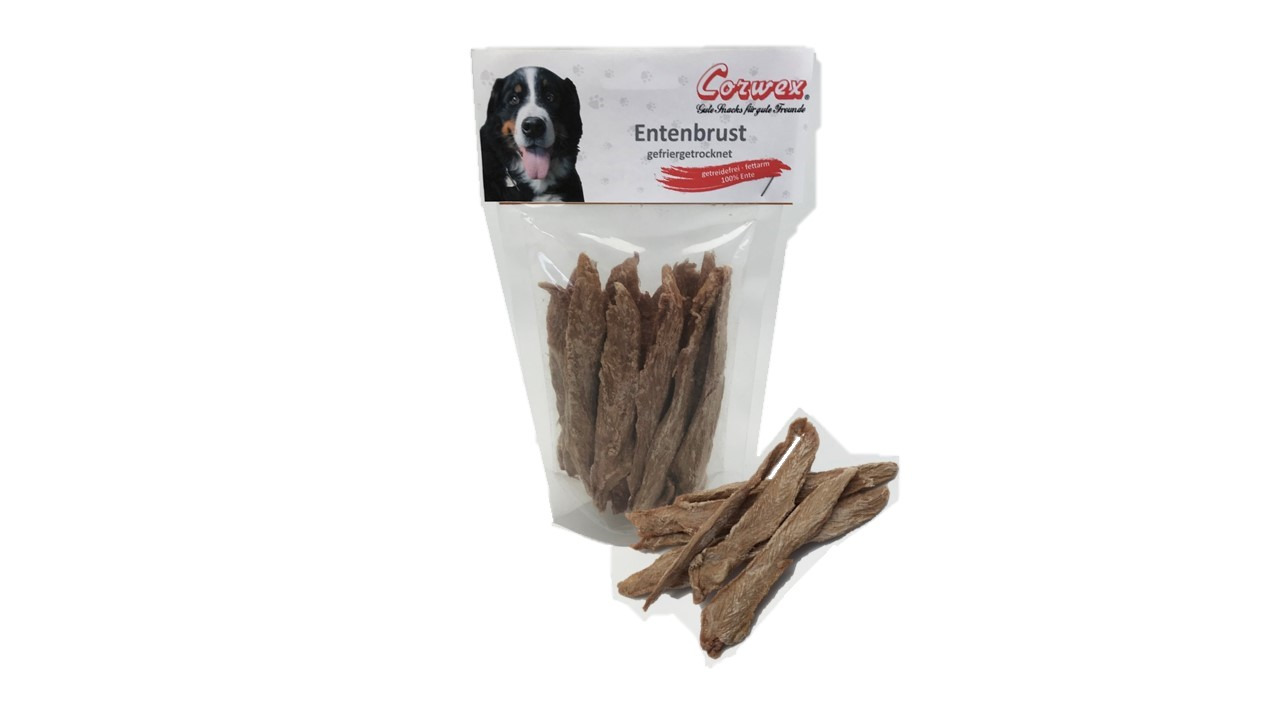 Corwex Entenbrust, gefriergetrocknet, für Hunde, 100 % Ente, gesunder Snack, mehrere Streifen, transparente Tüte.