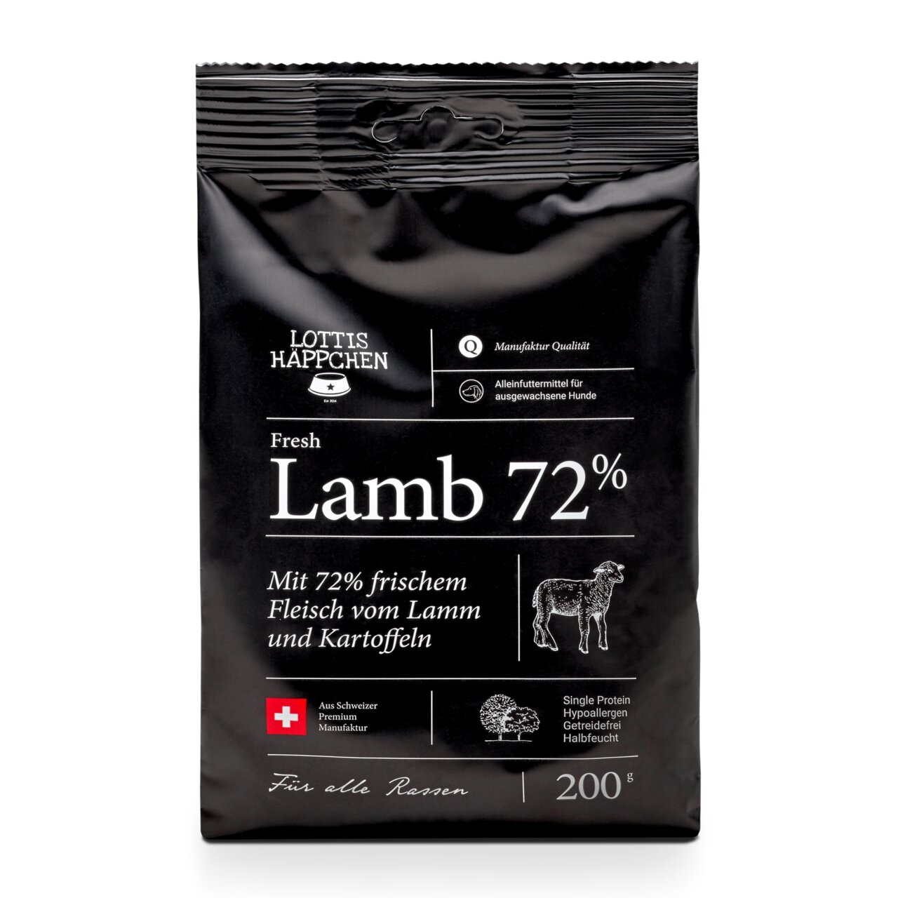 Lottis Häppchen Fresh Lamb 72%, Alleinfutter f. erw. Hunde, 72% Lamm, getreidefrei, hypoallergen, halbfeucht, 200 g.