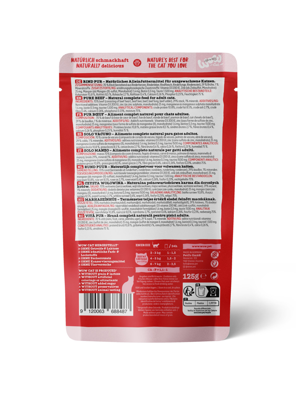 WOW CAT Rind Pur, Alleinfutter f. erw. Katzen, Geschm.: Rind, 125 g, ohne Getreide, Zuckerzusatz, künstl. Farb-/Konservierungsstoffe, Tierversuchsfrei