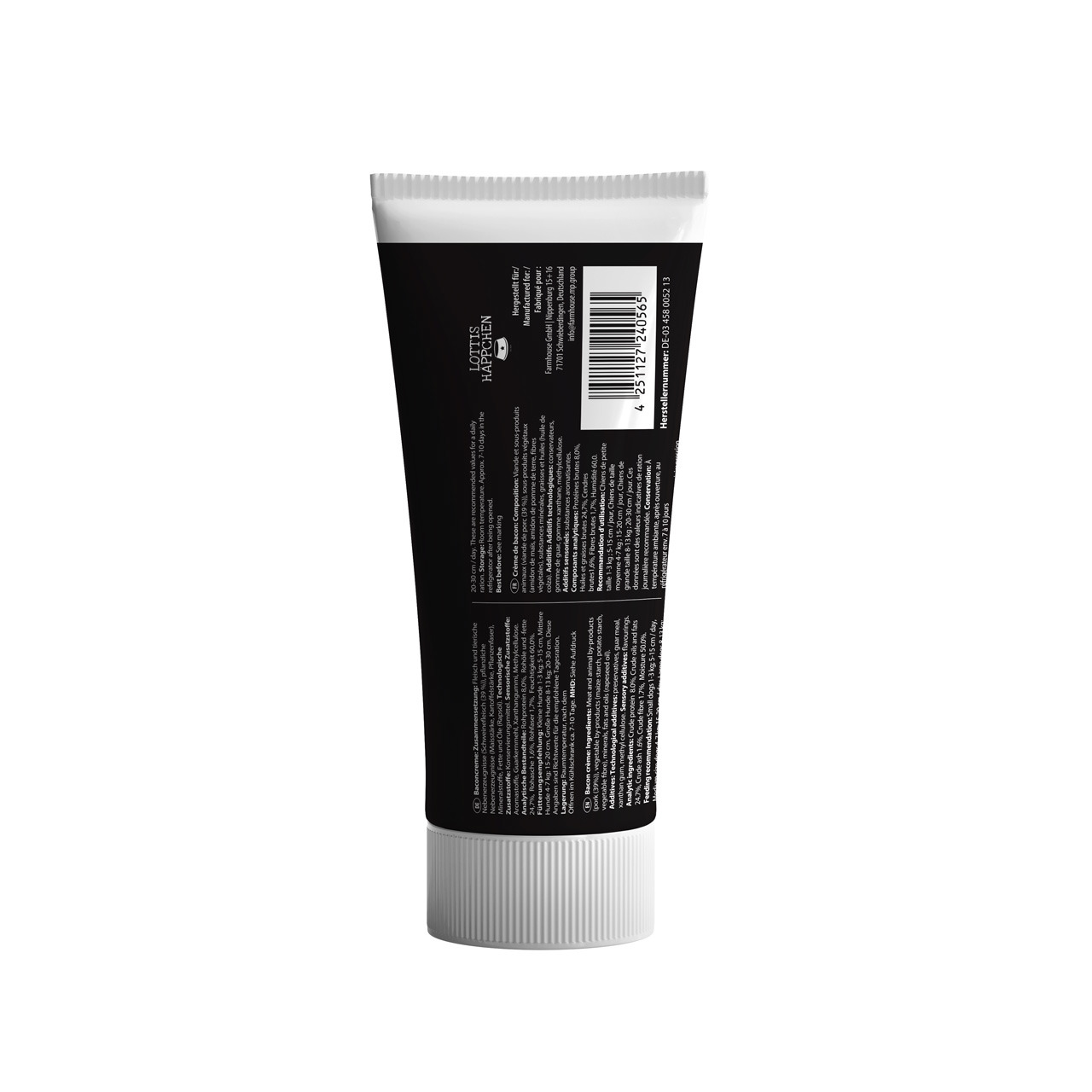 Das Bild zeigt eine schwarze Tube des Produkts „Lottis Häppchen“, einer Marke für Tierbedarf. Die Tube ist für Haustiere bestimmt und enthält eine Paste, deren genaue Geschmacksrichtung nicht erkennbar ist. Auf der Rückseite sind detaillierte Produktinfor