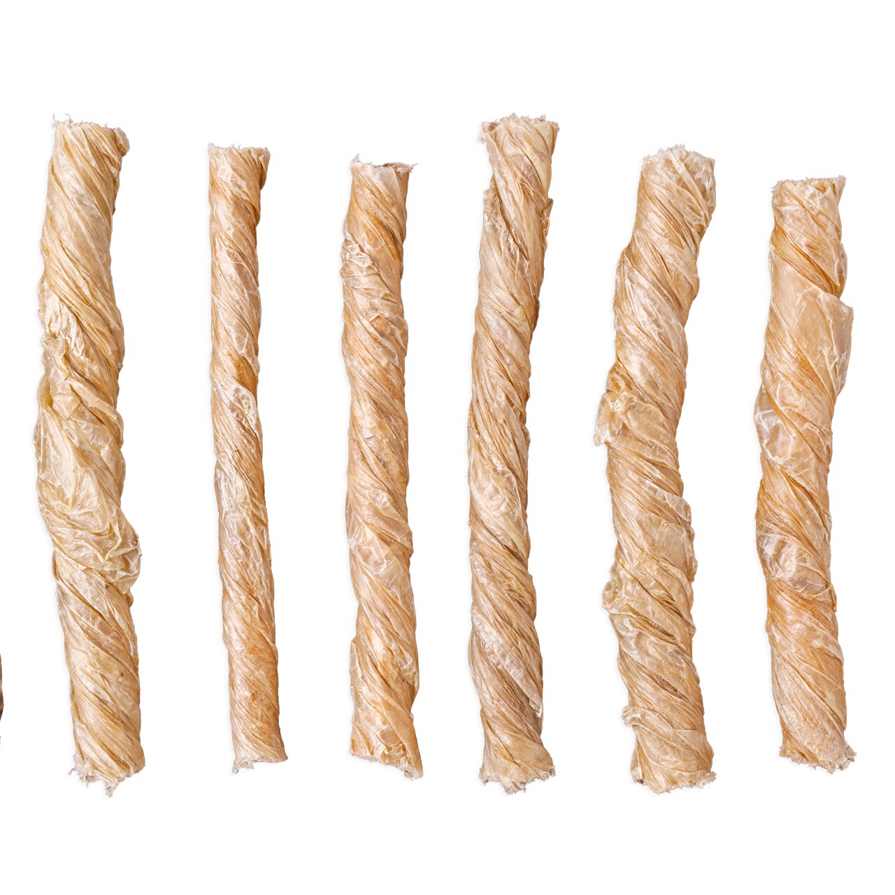 LOTTIS HÄPPCHEN Hundesnack Kaustangen für Hunde, natur, aus Rinderhaut, mehrere gedrehte Stangen freigestellt.