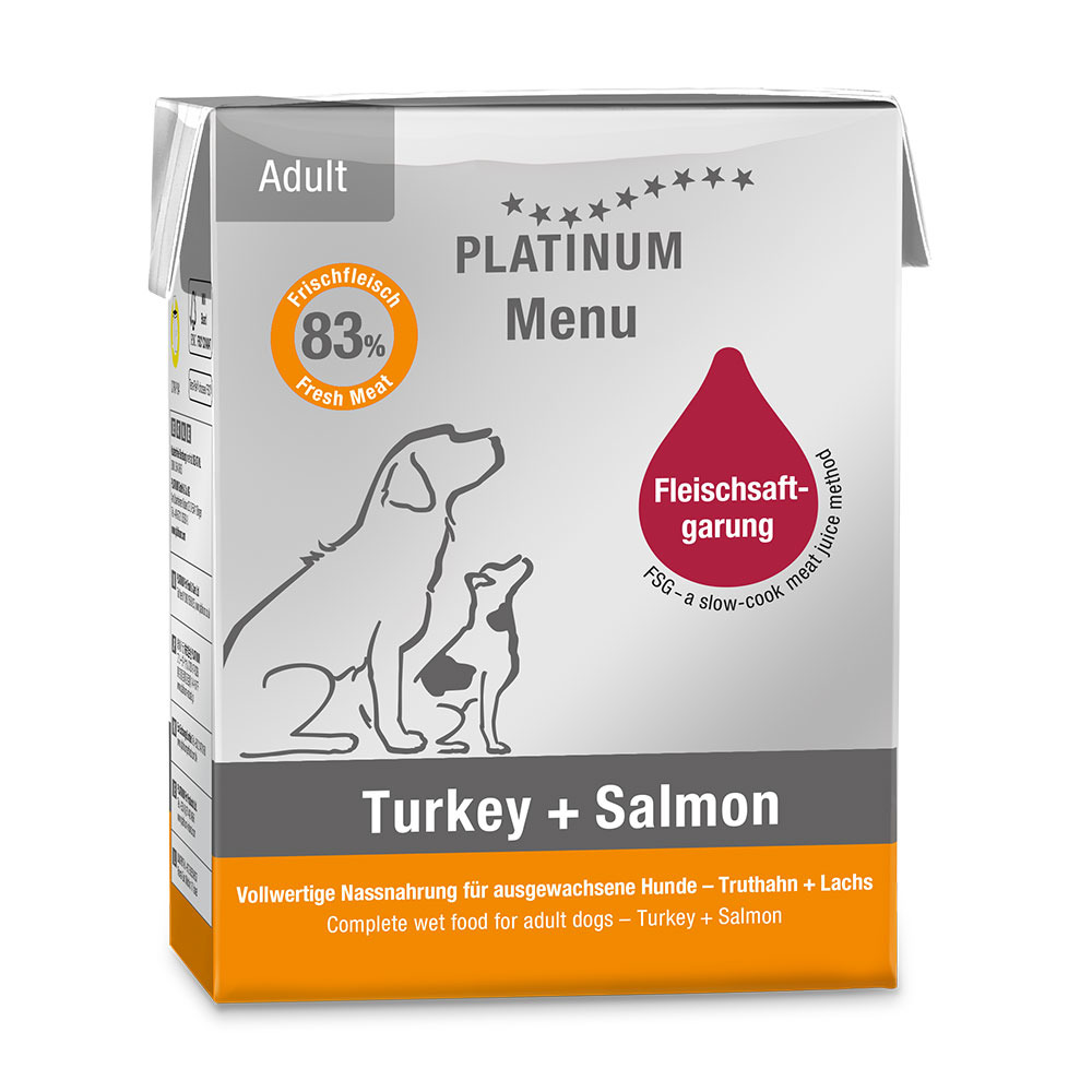 Sparpaket 6 x 375 g Platinum Menü Adult Turkey + Salmon Hunde Nassfutter