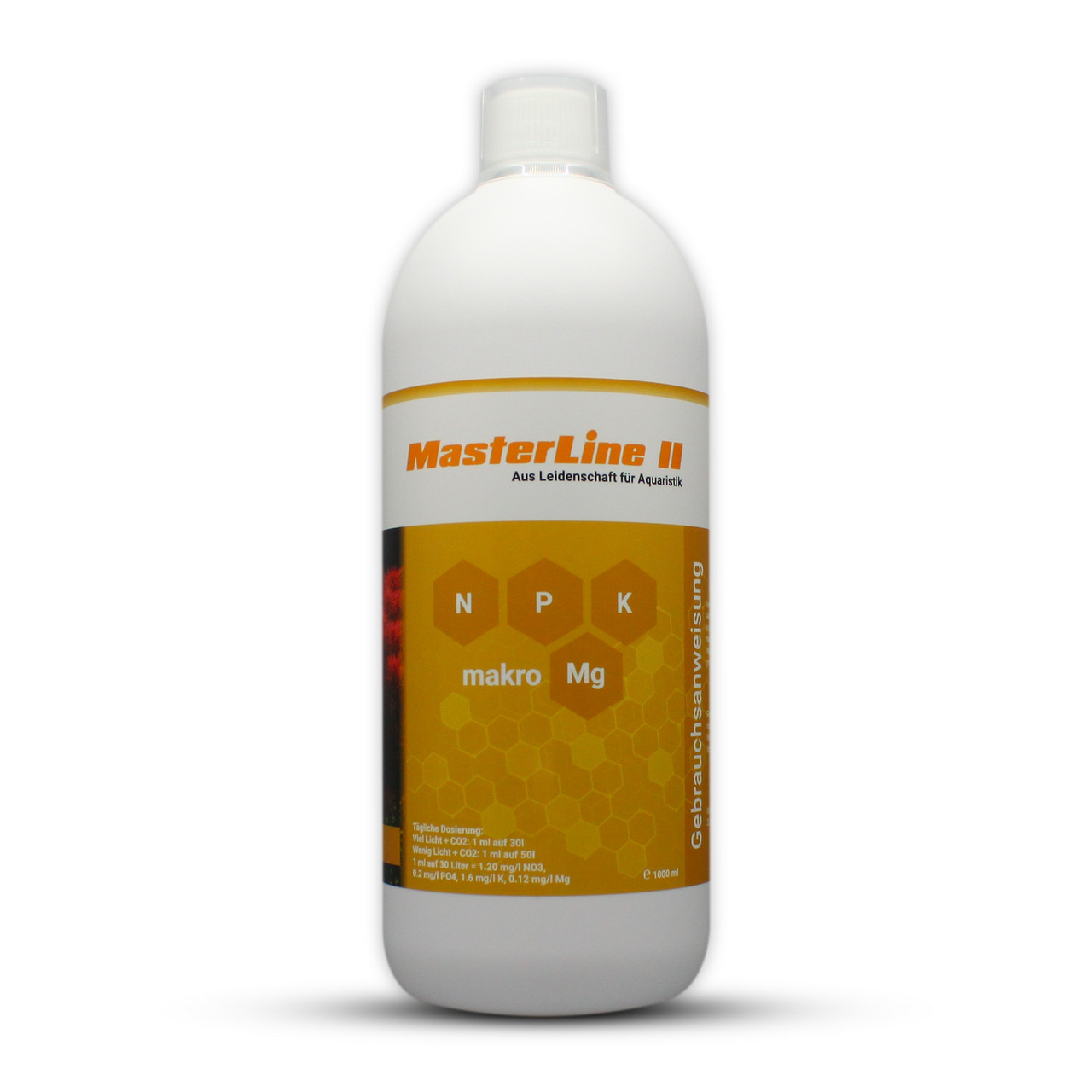 MasterLine II Nährstoffdünger, 1000 ml, für Aquarienpflanzen, mit N, P, K, Mg. Slogan: „Aus Leidenschaft für Aquaristik“.