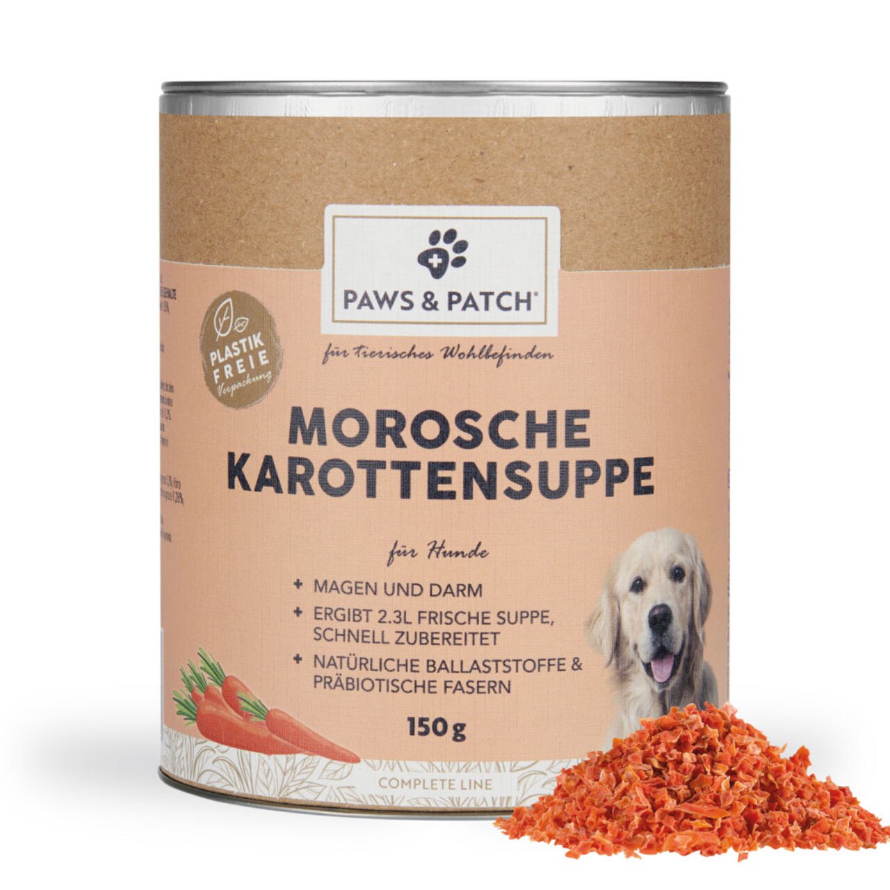 Paws & Patch Morosche Karottensuppe für Hunde, 150 g, unterstützt Magen und Darm, ergibt 2,3 l Suppe, plastikfreie Verpackung.