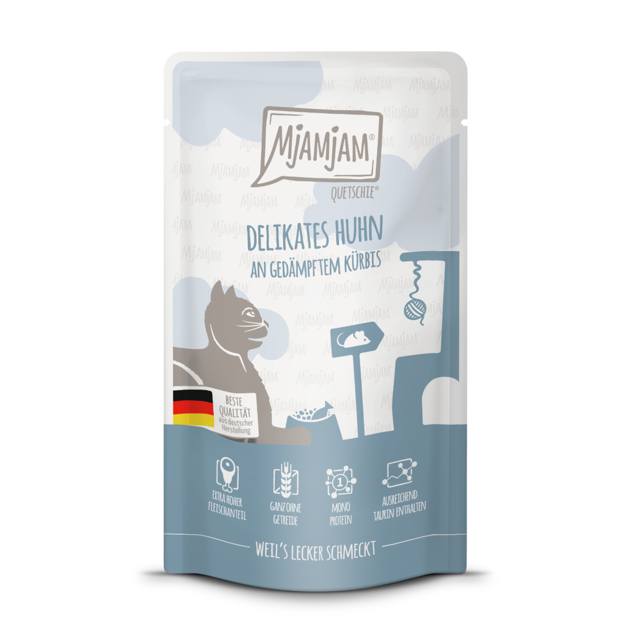 Mjamjam Quetschie Delikates Huhn an Kürbis, für Katzen, Huhn+Kürbis, hoher Fleischanteil, getreidefrei, 125 g.
