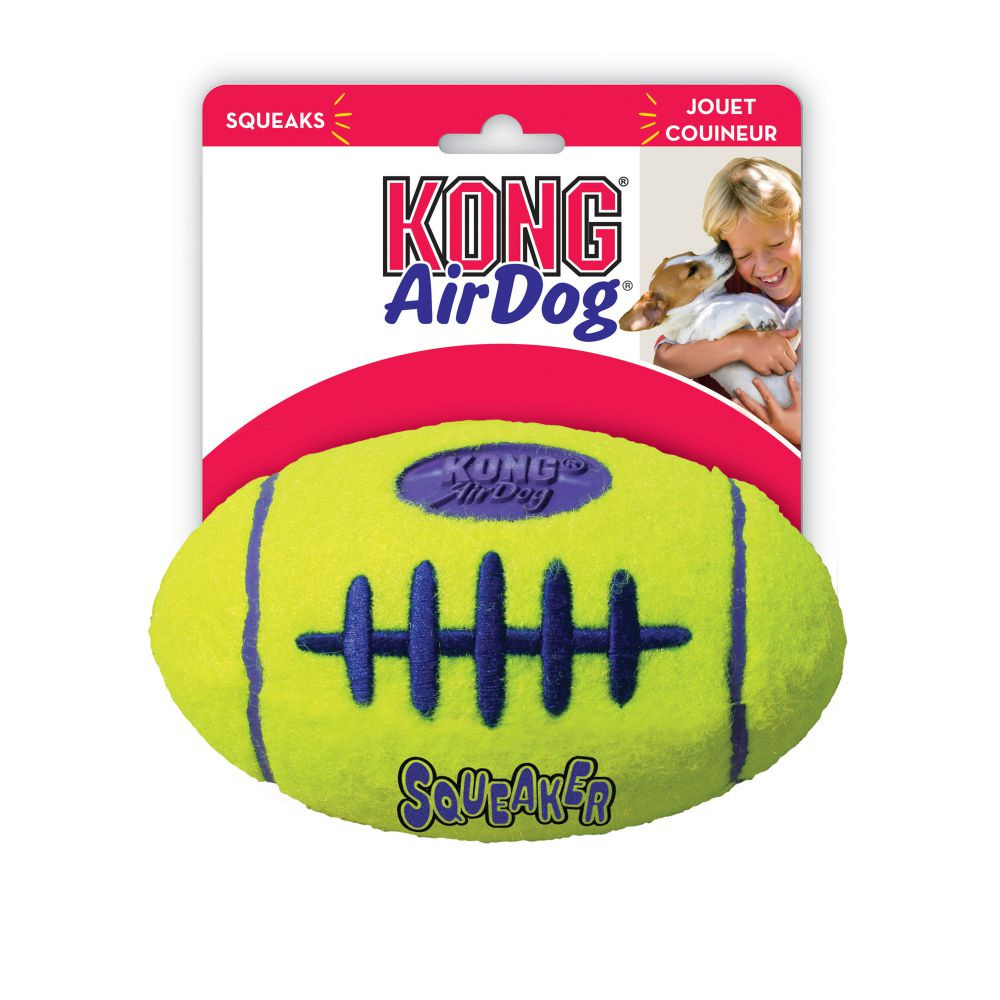 KONG AirDog Squeaker Football, Hundespielzeug, Tennisball+Quietscher, gelb-blau, für Hunde, in roter Verpackung.