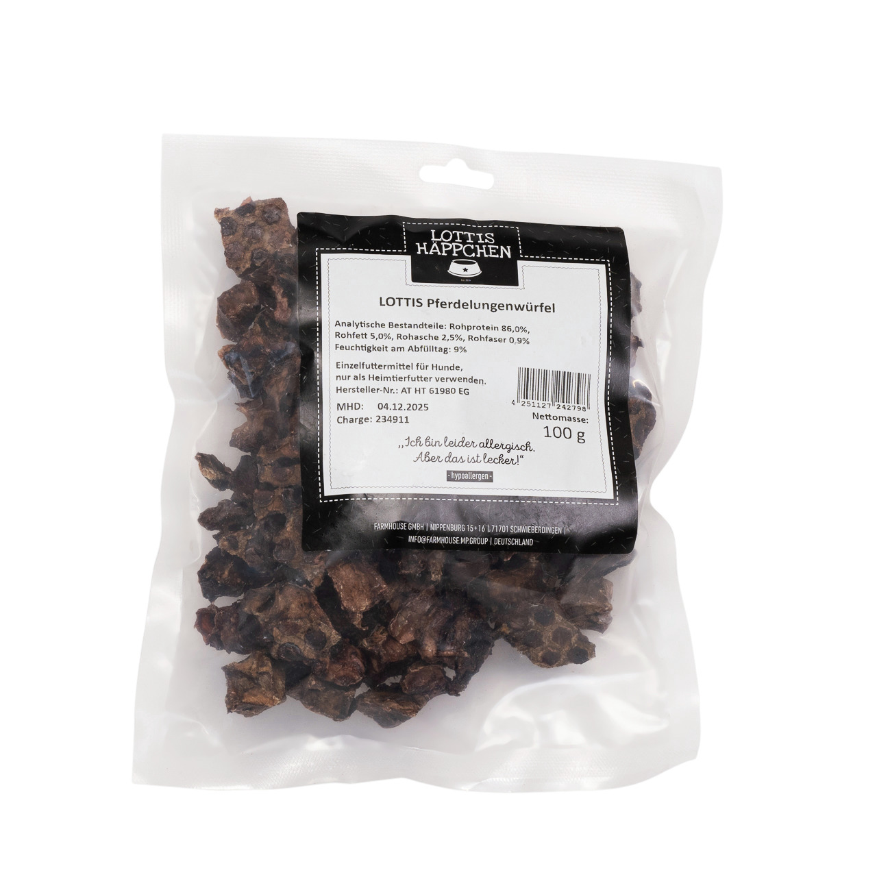 LOTTIS HÄPPCHEN Pferdelungenwürfel, 100 g, hypoallergenes Einzelfuttermittel für Hunde mit Allergien, reich an Proteinen.