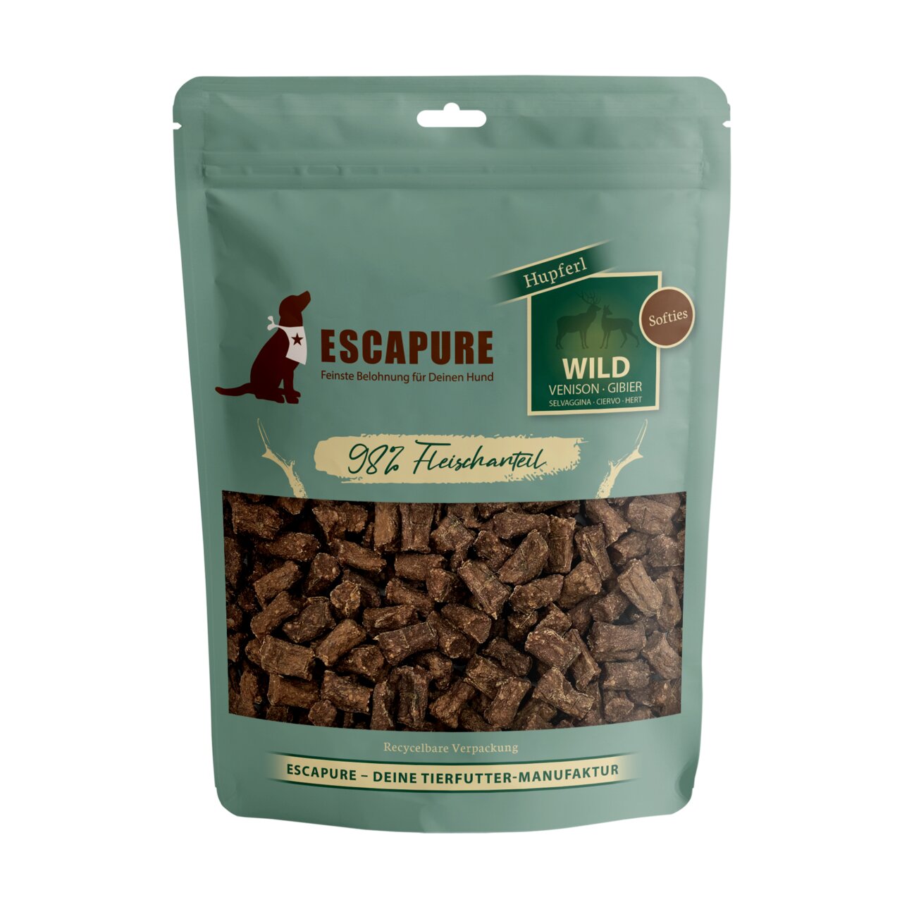 ESCAPURE Hupferl Wild für Hunde, Geschmacksrichtung Wild, 98 % Fleischanteil, Softies, 150 g Packung, recyclebare Verpackung.