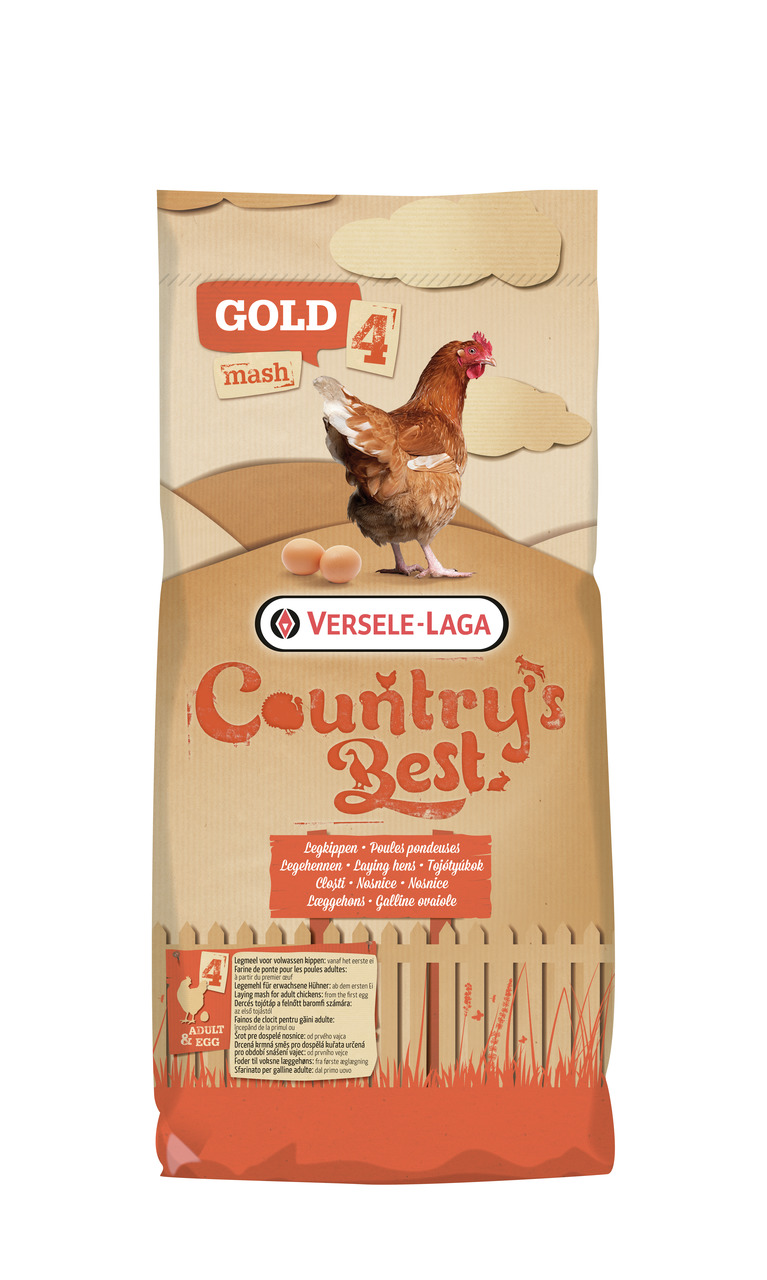 Das Bild zeigt eine Verpackung des Produkts „Country's Best Gold 4 Mash“ der Marke Versele-Laga. Es handelt sich um ein Futter für Legehennen, das speziell für erwachsene Hühner entwickelt wurde. Die Verpackung zeigt eine Henne, zwei Eier und eine Illustr