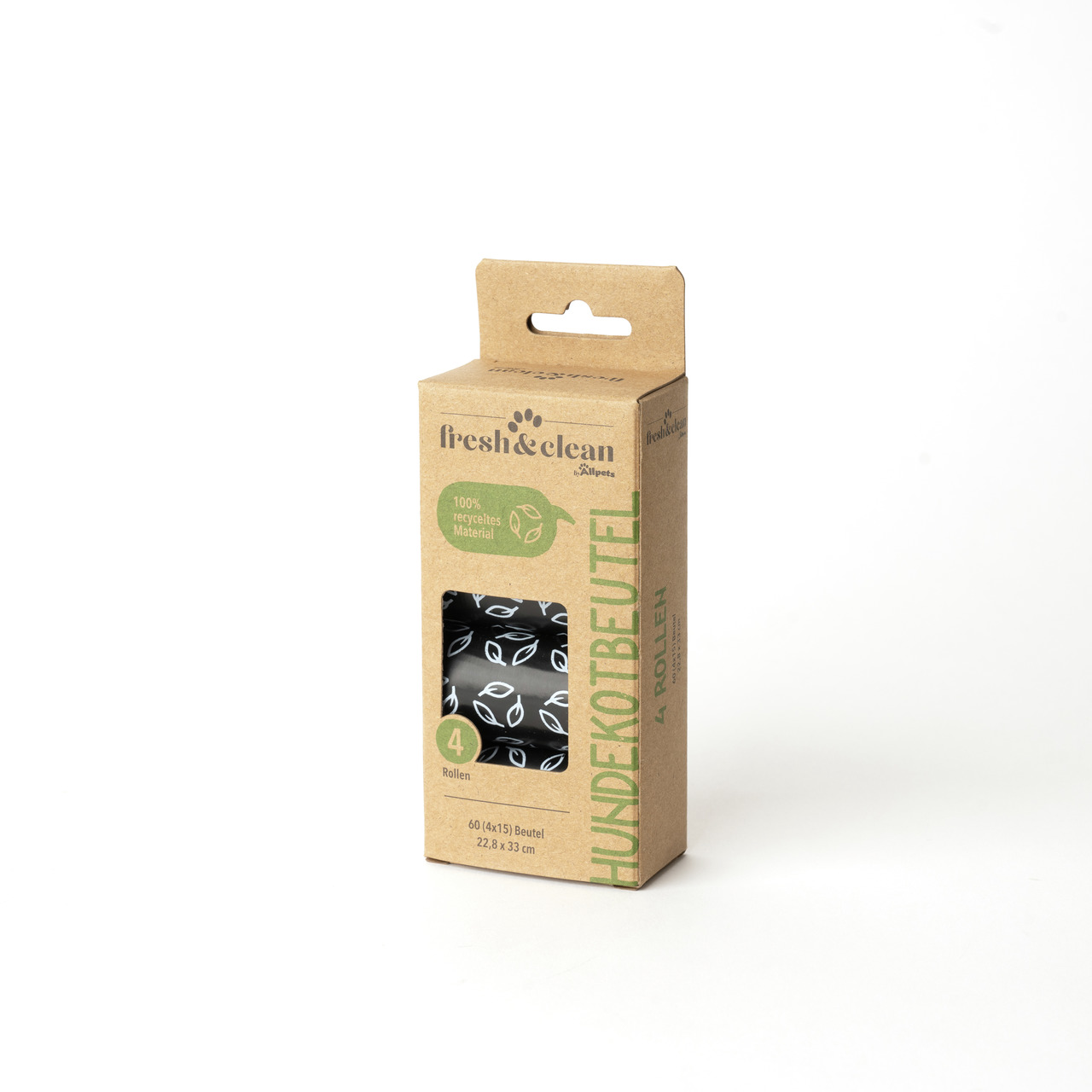Allpets fresh & clean Hundekotbeutel, 100 % recycelt, 4 Rollen (60 Beutel), 22,8 x 33 cm, für umweltbewusste Hundebesitzer.