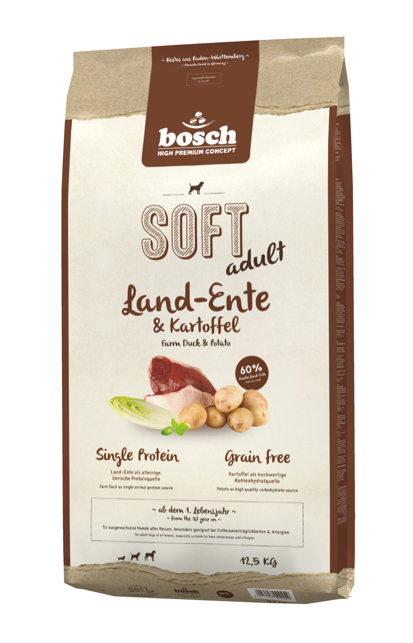 bosch Soft Adult Land-Ente & Kartoffel, 12,5 kg, für Hunde ab 1 Jahr, getreidefrei, 60 % frisches Entenfleisch, Single-Protein.