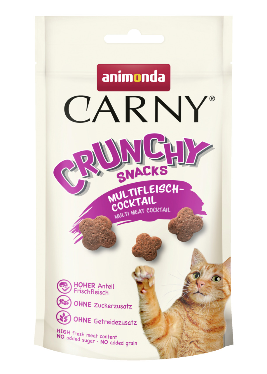 Das Bild zeigt eine Verpackung der Marke Animonda mit dem Produktnamen "Carny Crunchy Snacks Multifleisch-Cocktail". Zielgruppe sind Katzen. Die Snacks enthalten einen hohen Anteil an Frischfleisch, sind ohne Zuckerzusatz und ohne Getreidezusatz. Die Verp