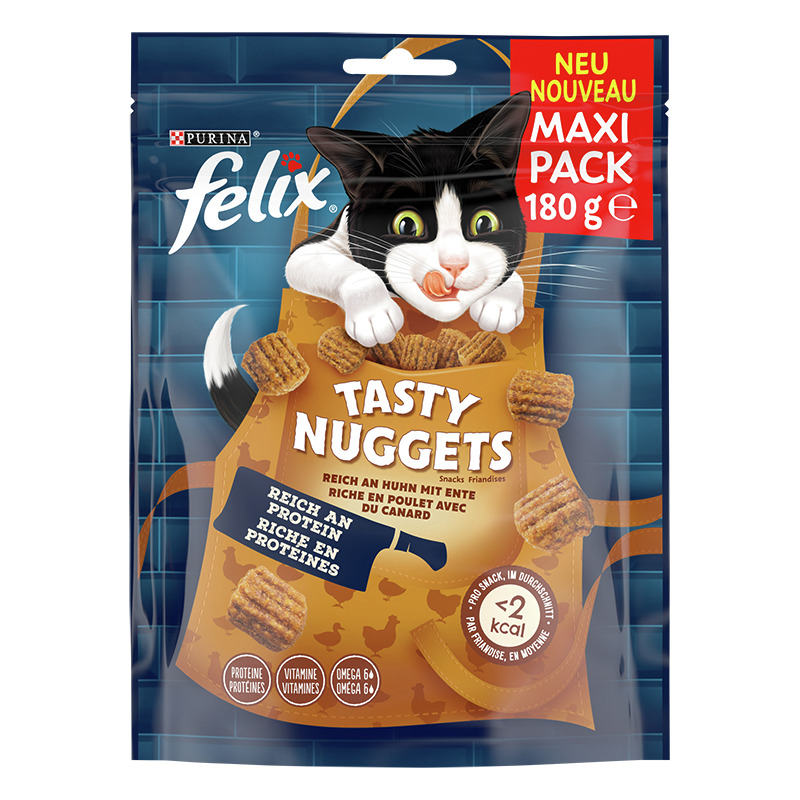 Das Bild zeigt eine Verpackung von Felix Tasty Nuggets, einem Katzensnack von Purina. Die Zielgruppe sind Katzen. Die Geschmacksrichtung ist Huhn und Ente. Die Verpackung enthält 180 g und ist als Maxi Pack gekennzeichnet. Werbeaussagen: reich an Proteine